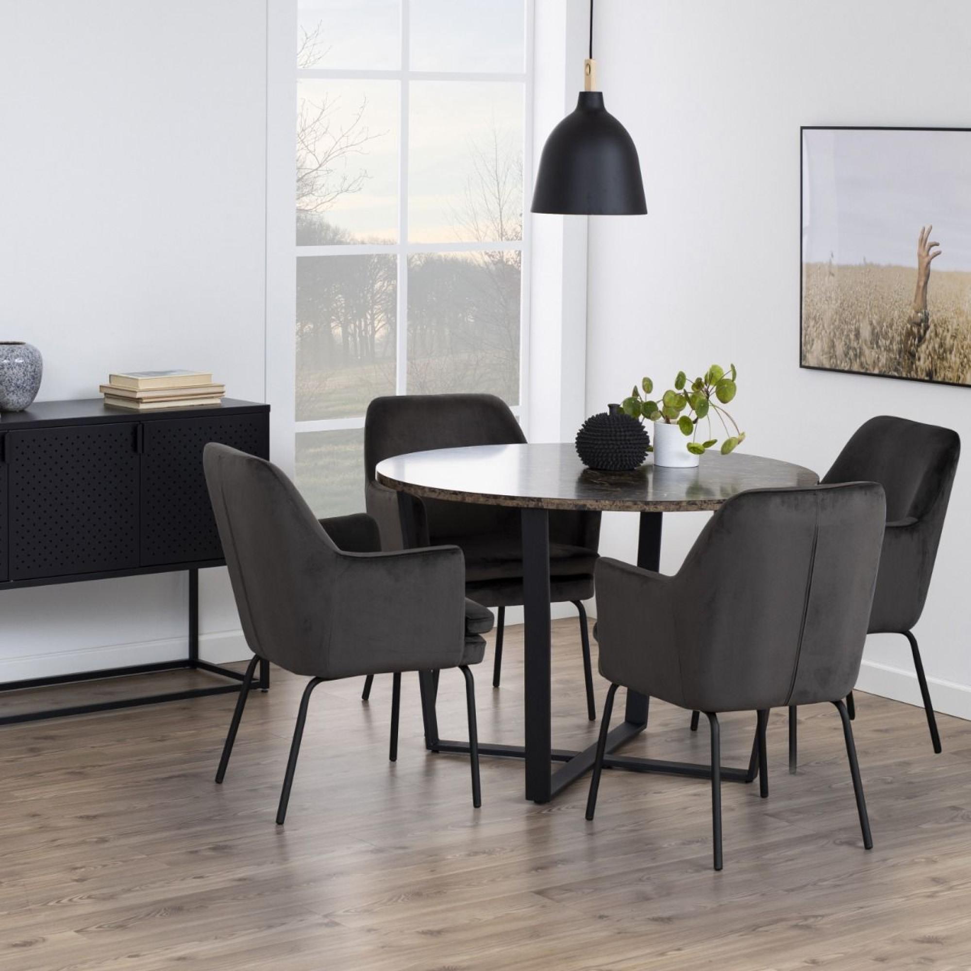 Amble Brown Marble Effect 4 Seater Round Dining Table with Black Legs