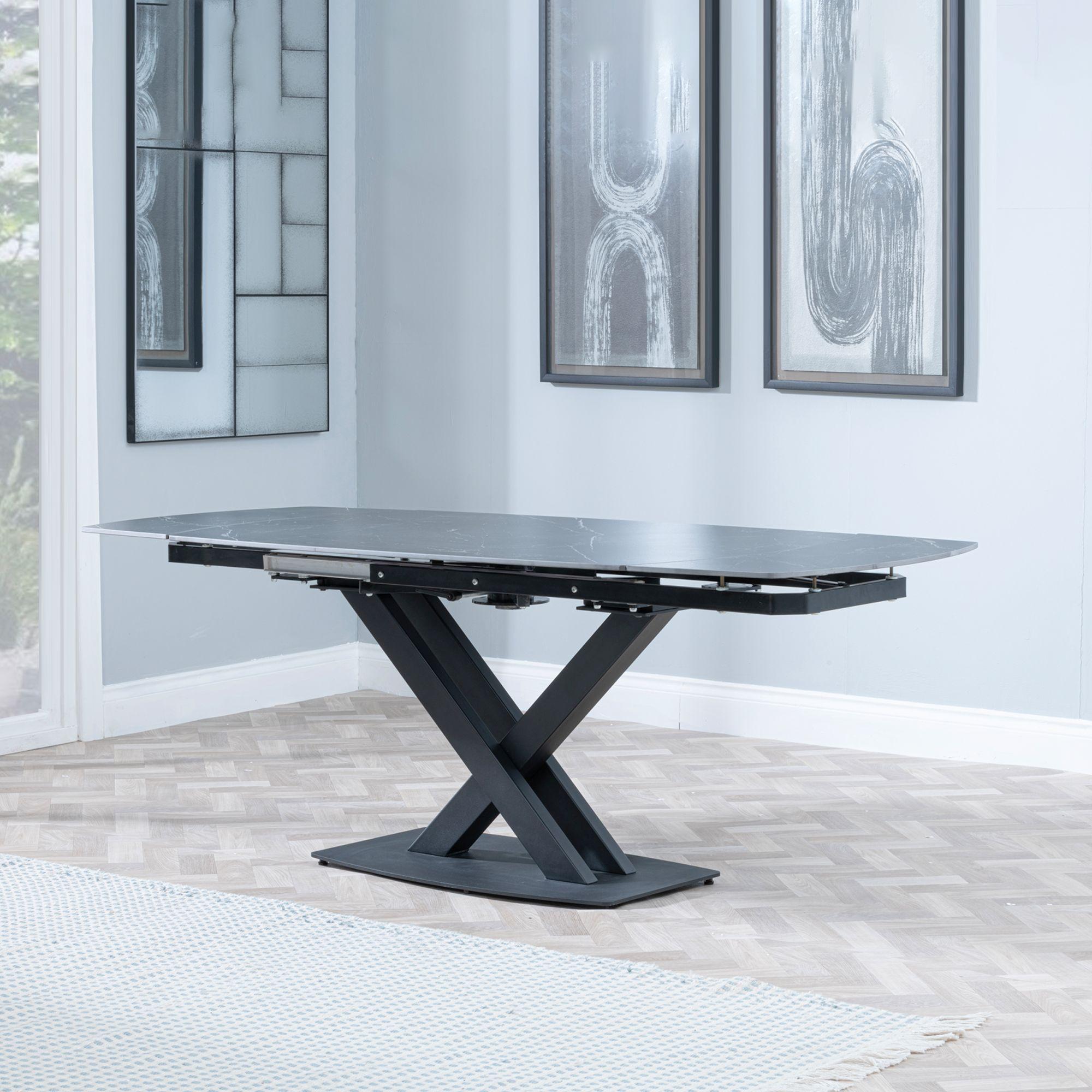 Arctic Extending Dining Table - 4-8 Seater - 140cm-200cm - Black Ceramic Swivel Top - Cross Base