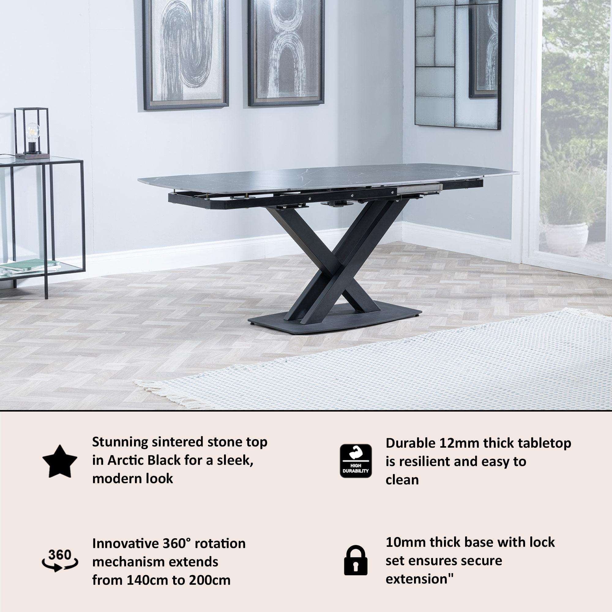 Arctic Extending Dining Table - 4-8 Seater - 140cm-200cm - Black Ceramic Swivel Top - Cross Base