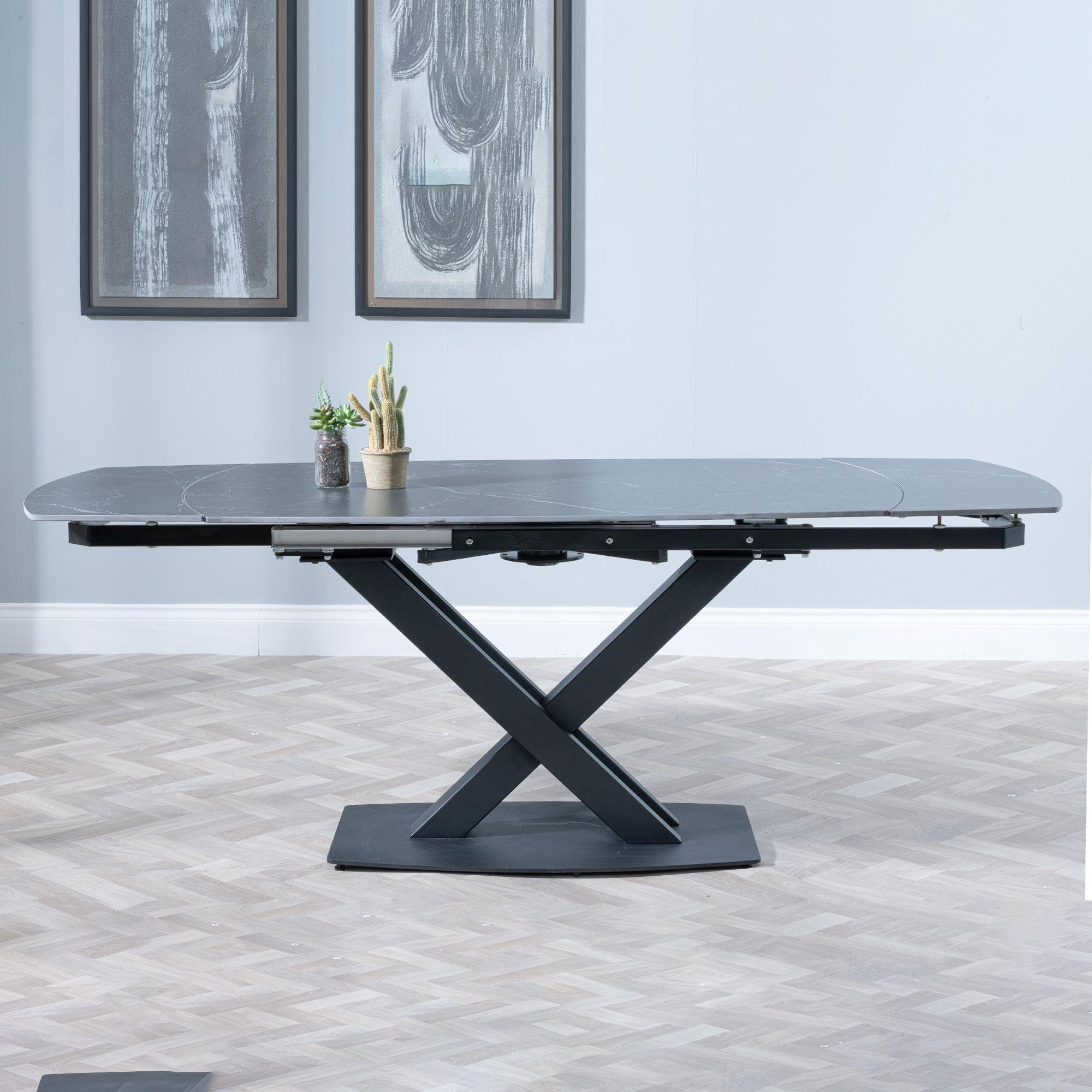 Arctic Extending Dining Table - 4-8 Seater - 140cm-200cm - Black Ceramic Swivel Top - Cross Base