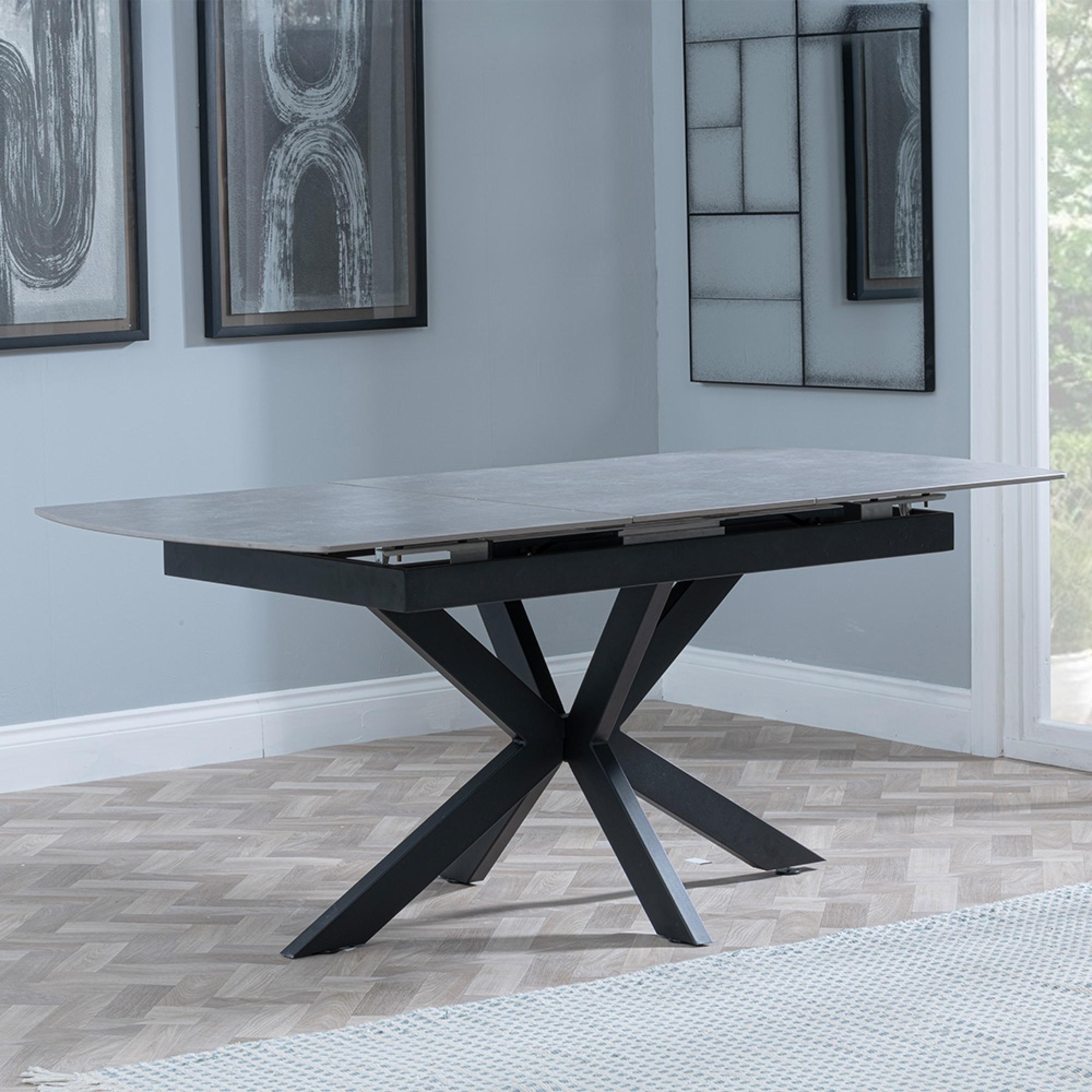 Bari Extending Dining Table - 4-6 Seater - 140cm-180cm - Grey Ceramic - Black Star Base