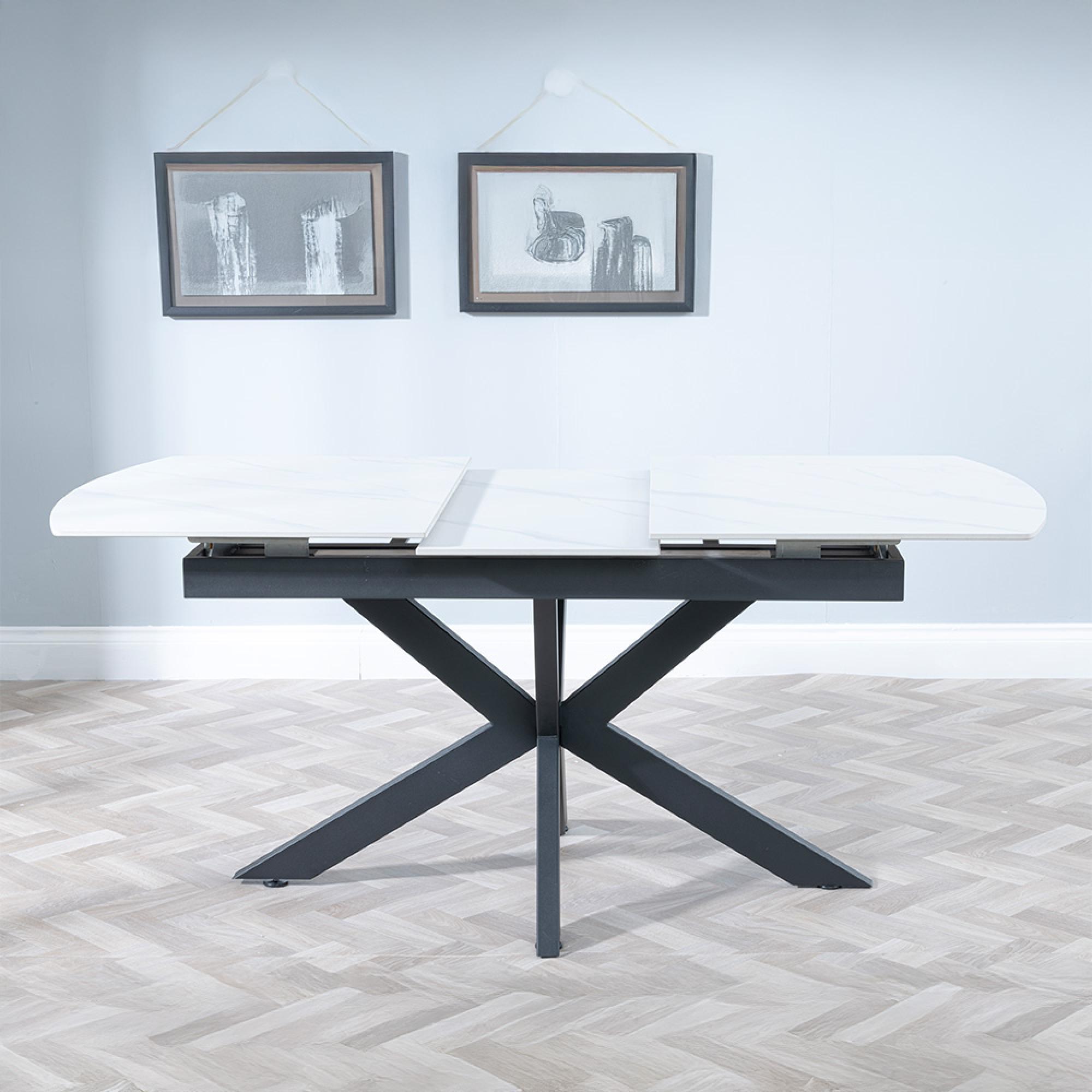 Bari Extending Dining Table - 4-6 Seater - 140cm-180cm - White Ceramic - Black Star Base