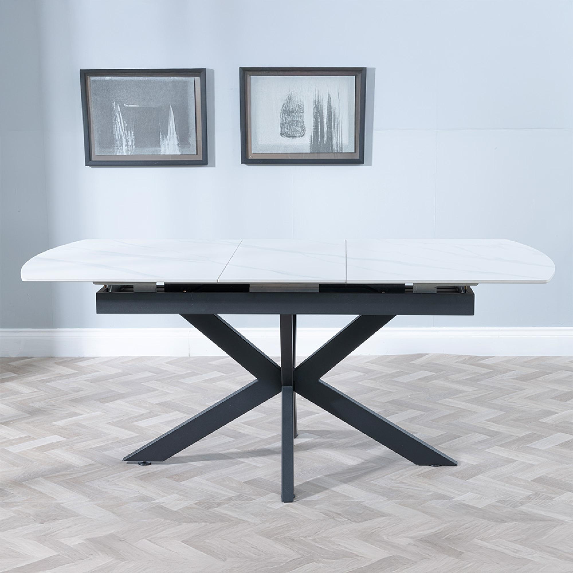 Bari Extending Dining Table - 4-6 Seater - 140cm-180cm - White Ceramic - Black Star Base