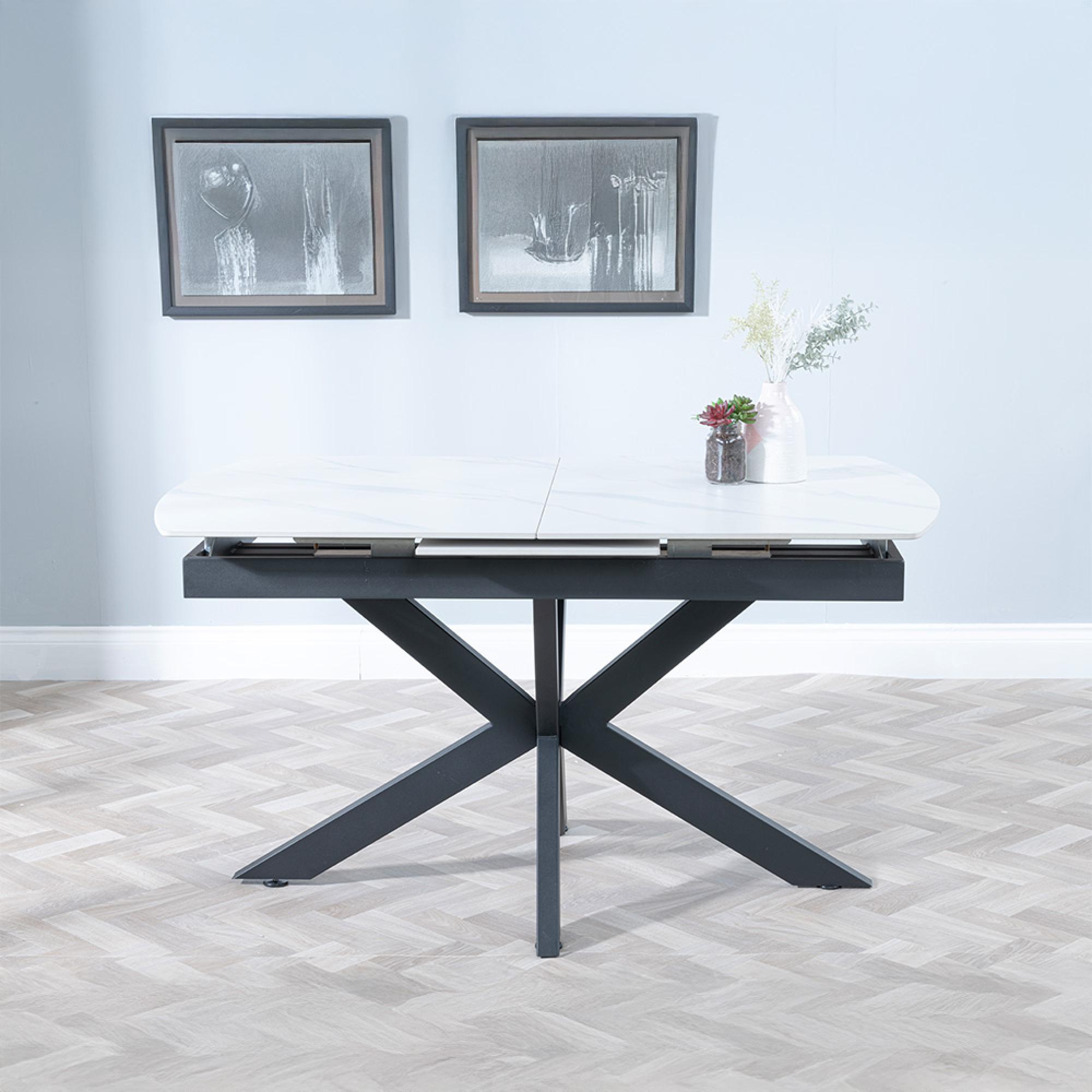 Bari Extending Dining Table - 4-6 Seater - 140cm-180cm - White Ceramic - Black Star Base