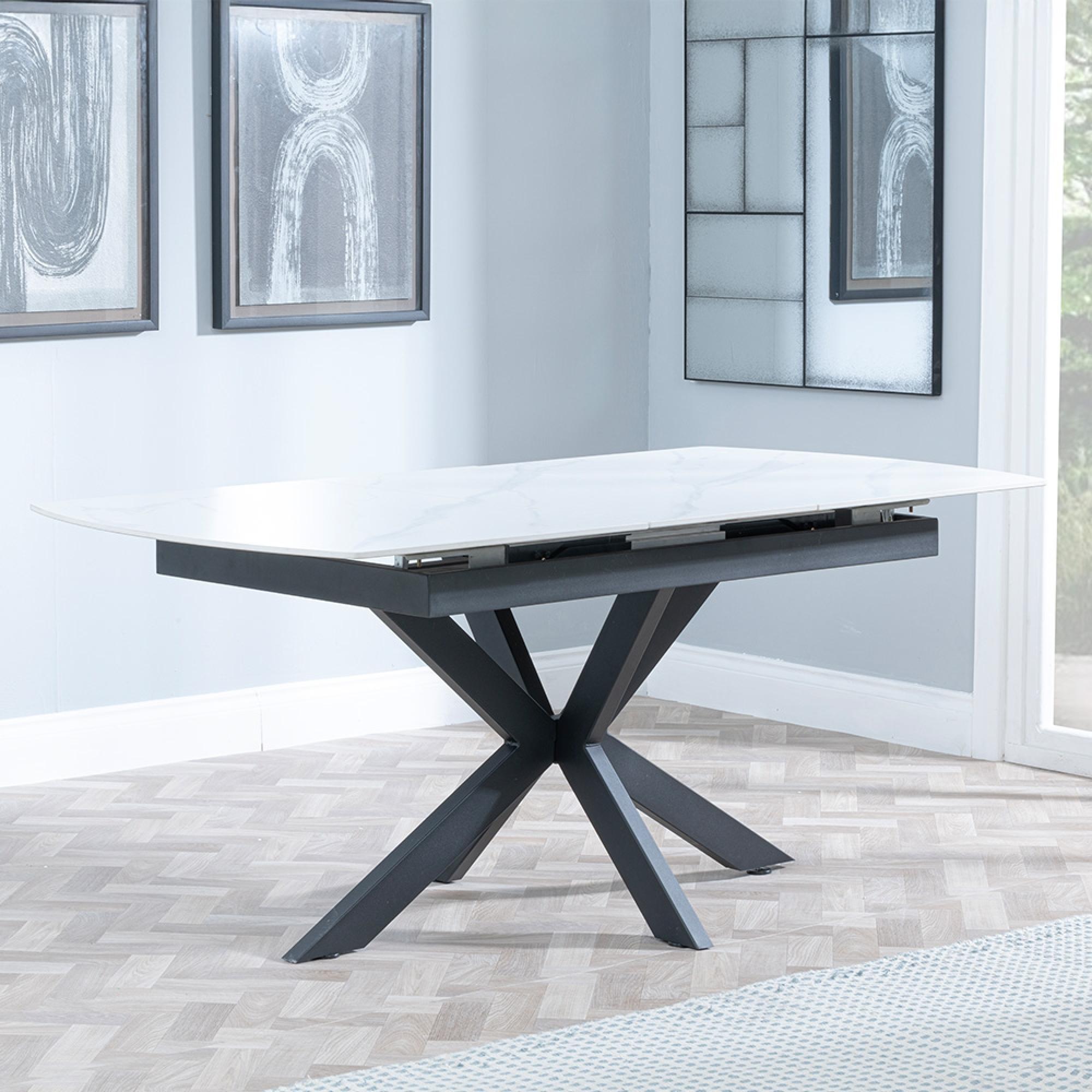 Bari Extending Dining Table - 4-6 Seater - 140cm-180cm - White Ceramic - Black Star Base