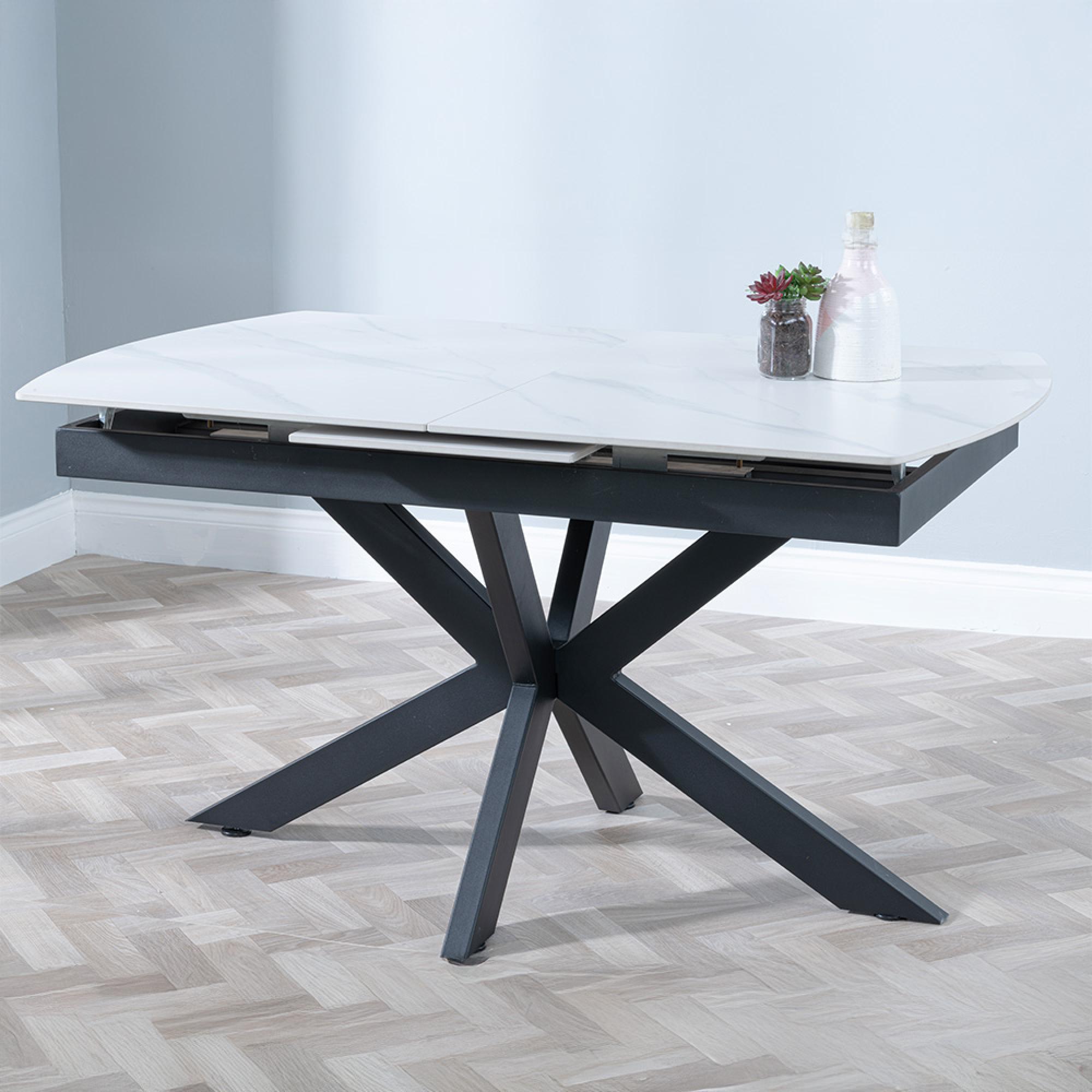 Bari Extending Dining Table - 4-6 Seater - 140cm-180cm - White Ceramic - Black Star Base