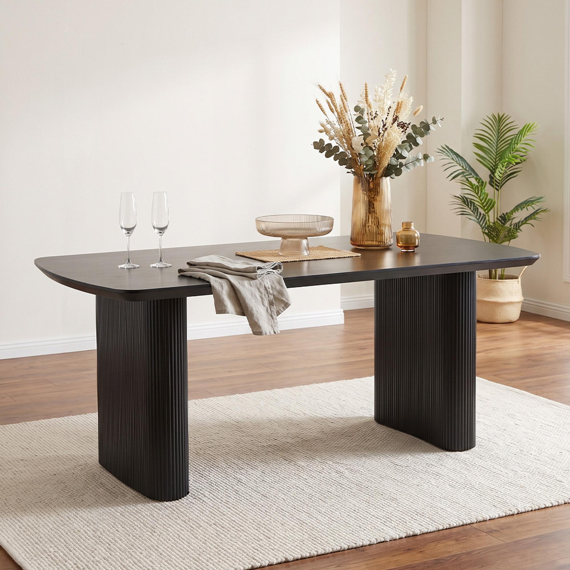 Bern Fluted Dining Table - 6 Seater - 160cm - Black - Pedestal Base