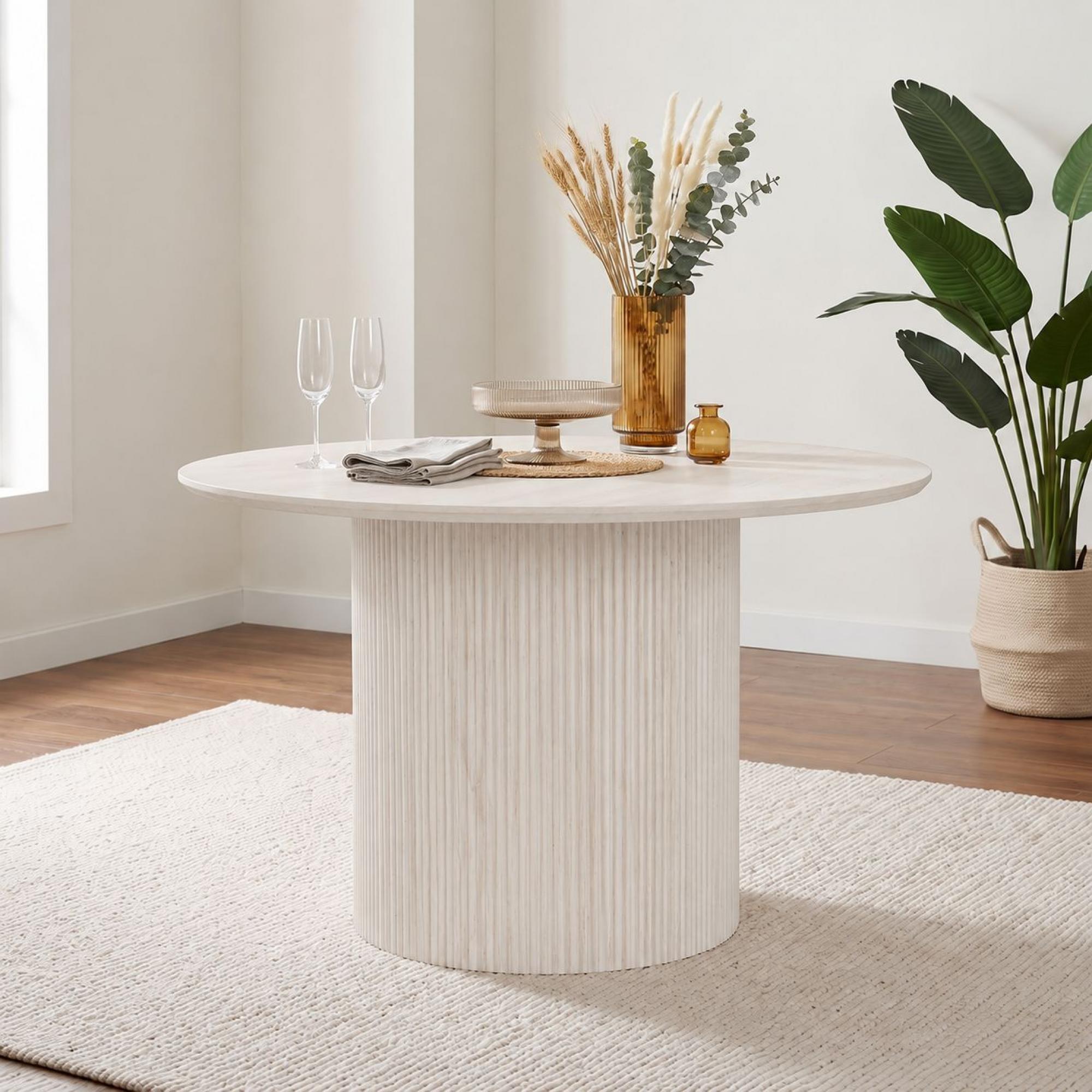 Bern Fluted Round Dining Table - 4 Seater - 120cm - White Washed Oak - Drum Base