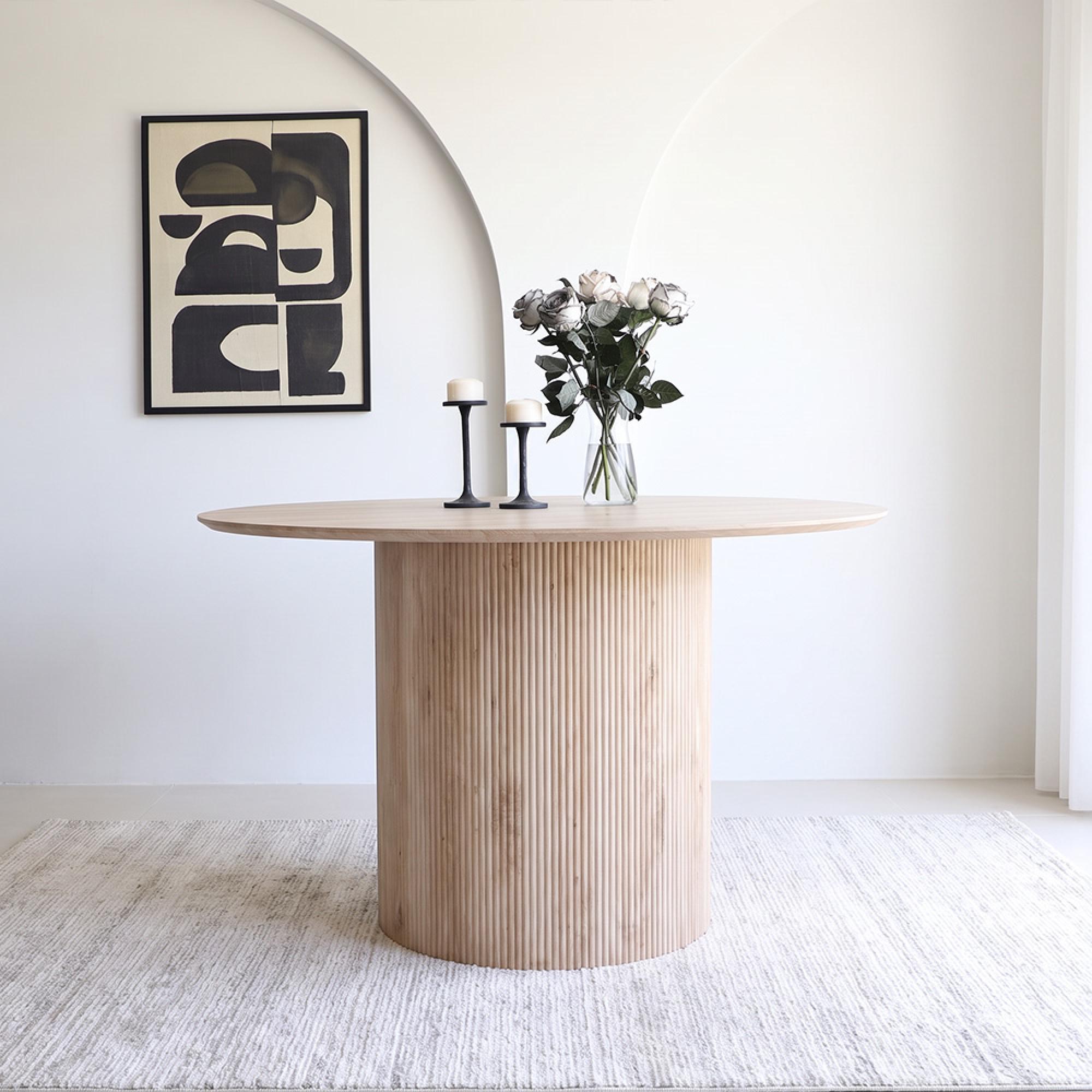 Bern Oak Fluted 4 Seater 120cm Round Dining Table with Drum Base
