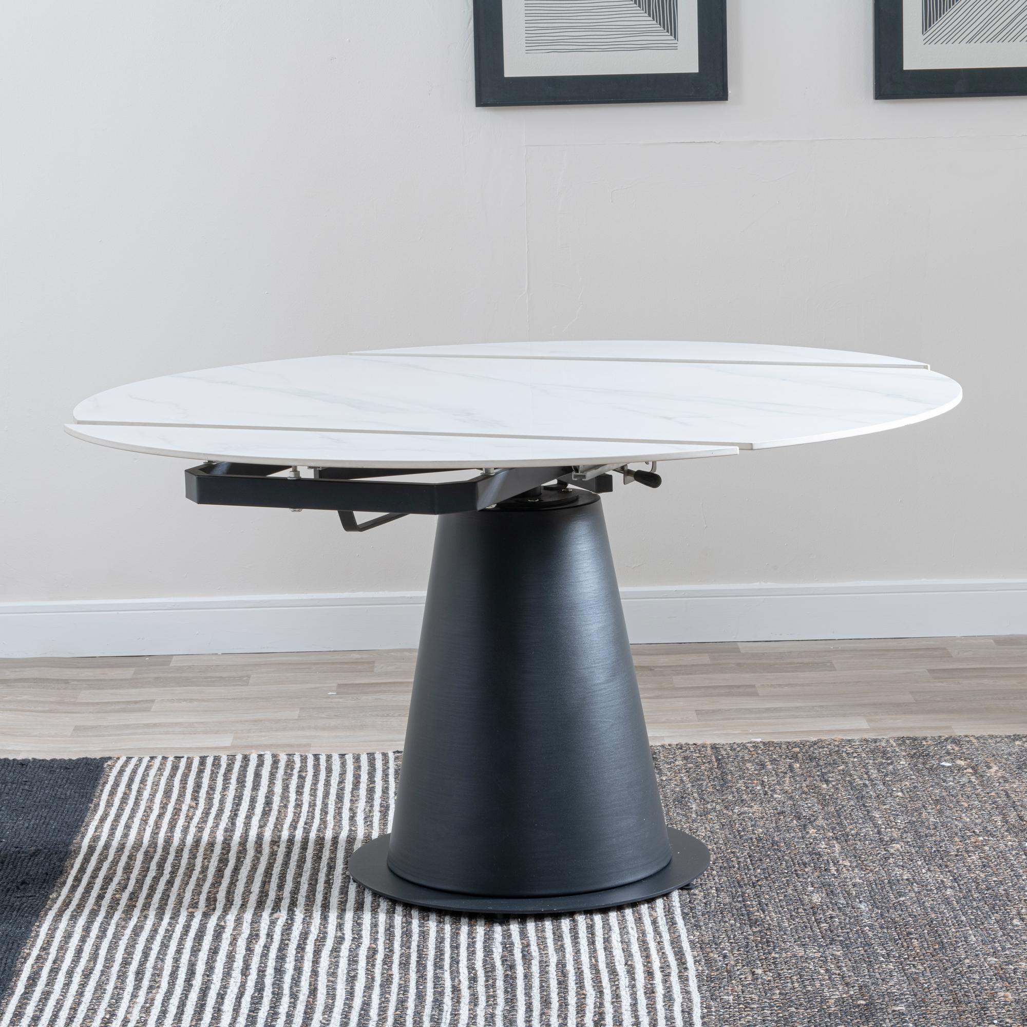 Carrara Round Dining Table - 4 Seater - 135cm - White Ceramic - Swivel Motion Extending - Black Pedestal Base