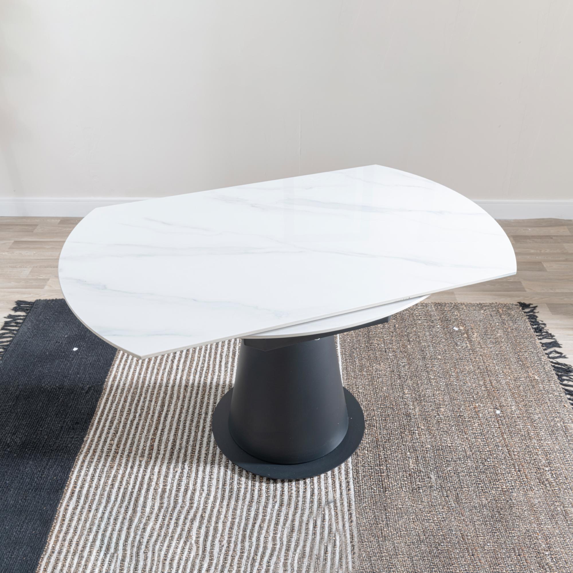 Carrara Round Dining Table - 4 Seater - 135cm - White Ceramic - Swivel Motion Extending - Black Pedestal Base