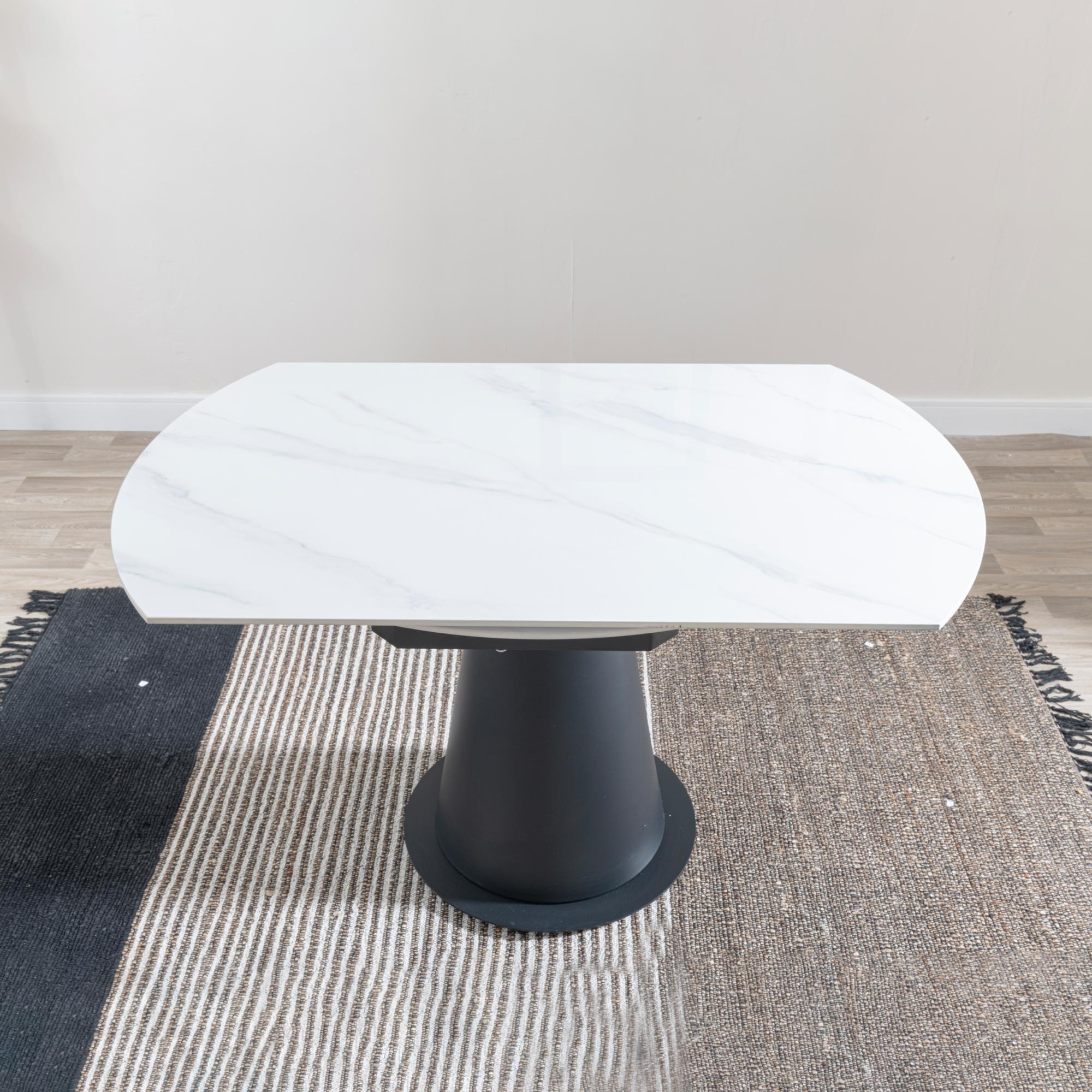 Carrara Round Dining Table - 4 Seater - 135cm - White Ceramic - Swivel Motion Extending - Black Pedestal Base