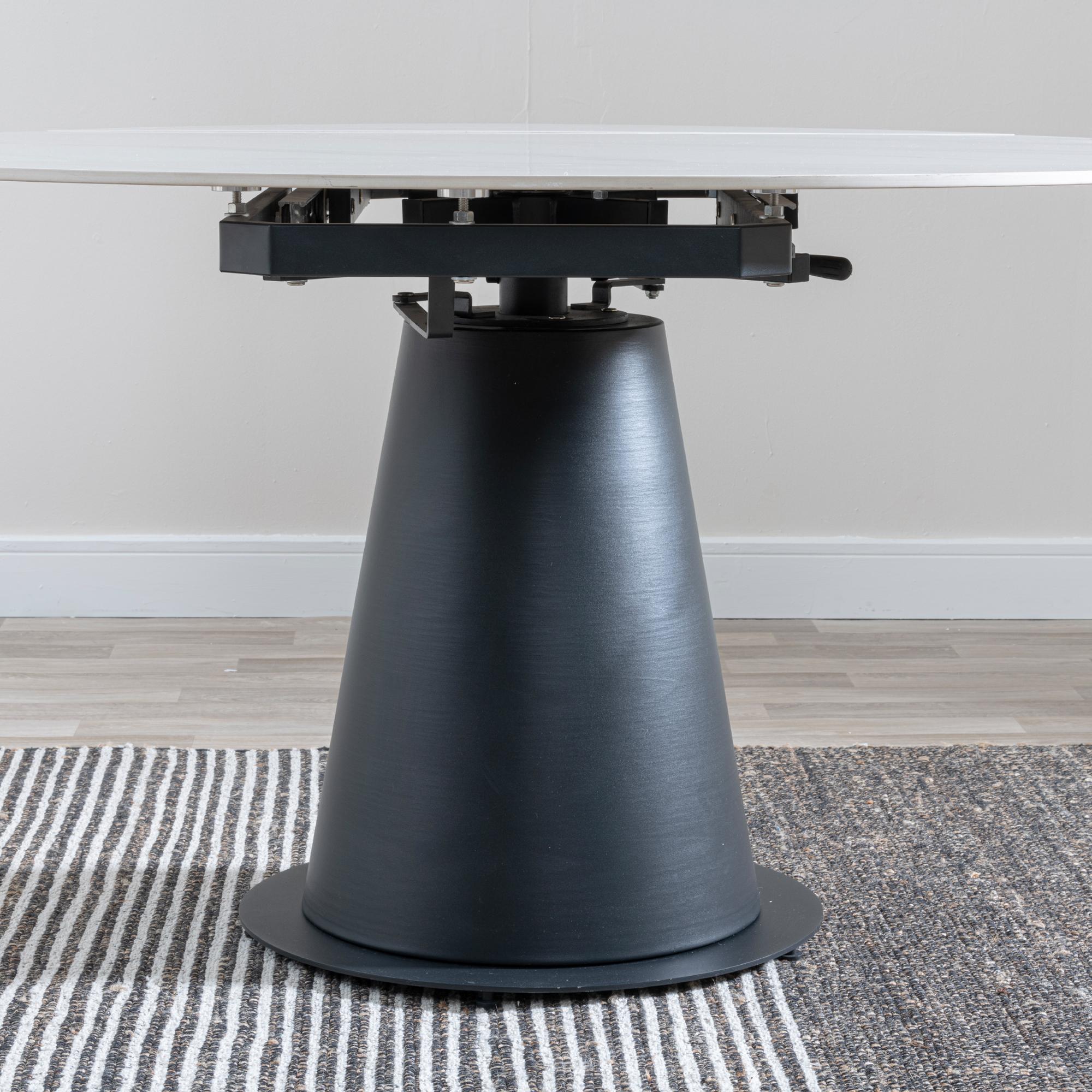 Carrara Round Dining Table - 4 Seater - 135cm - White Ceramic - Swivel Motion Extending - Black Pedestal Base