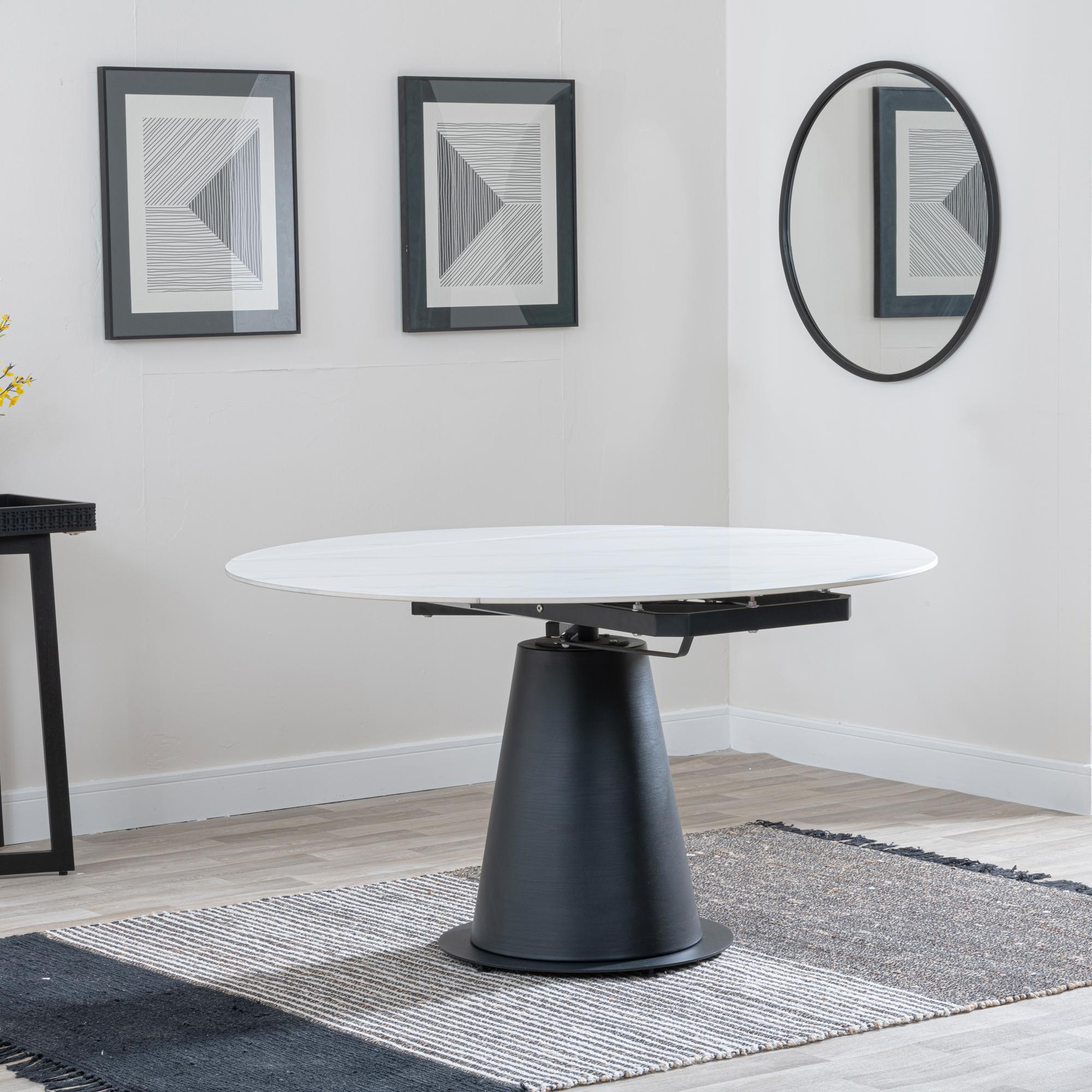 Carrara Round Dining Table - 4 Seater - 135cm - White Ceramic - Swivel Motion Extending - Black Pedestal Base