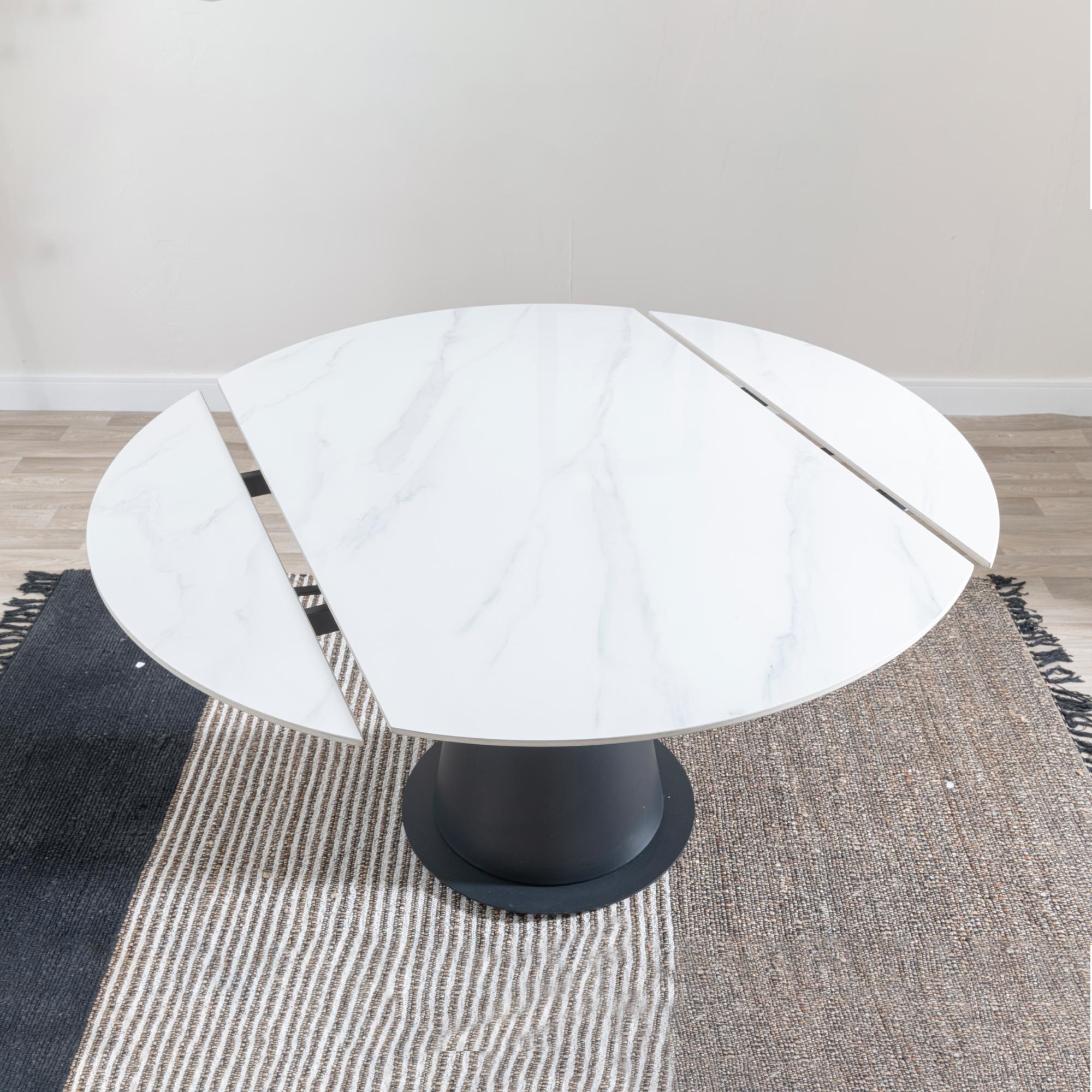 Carrara Round Dining Table - 4 Seater - 135cm - White Ceramic - Swivel Motion Extending - Black Pedestal Base
