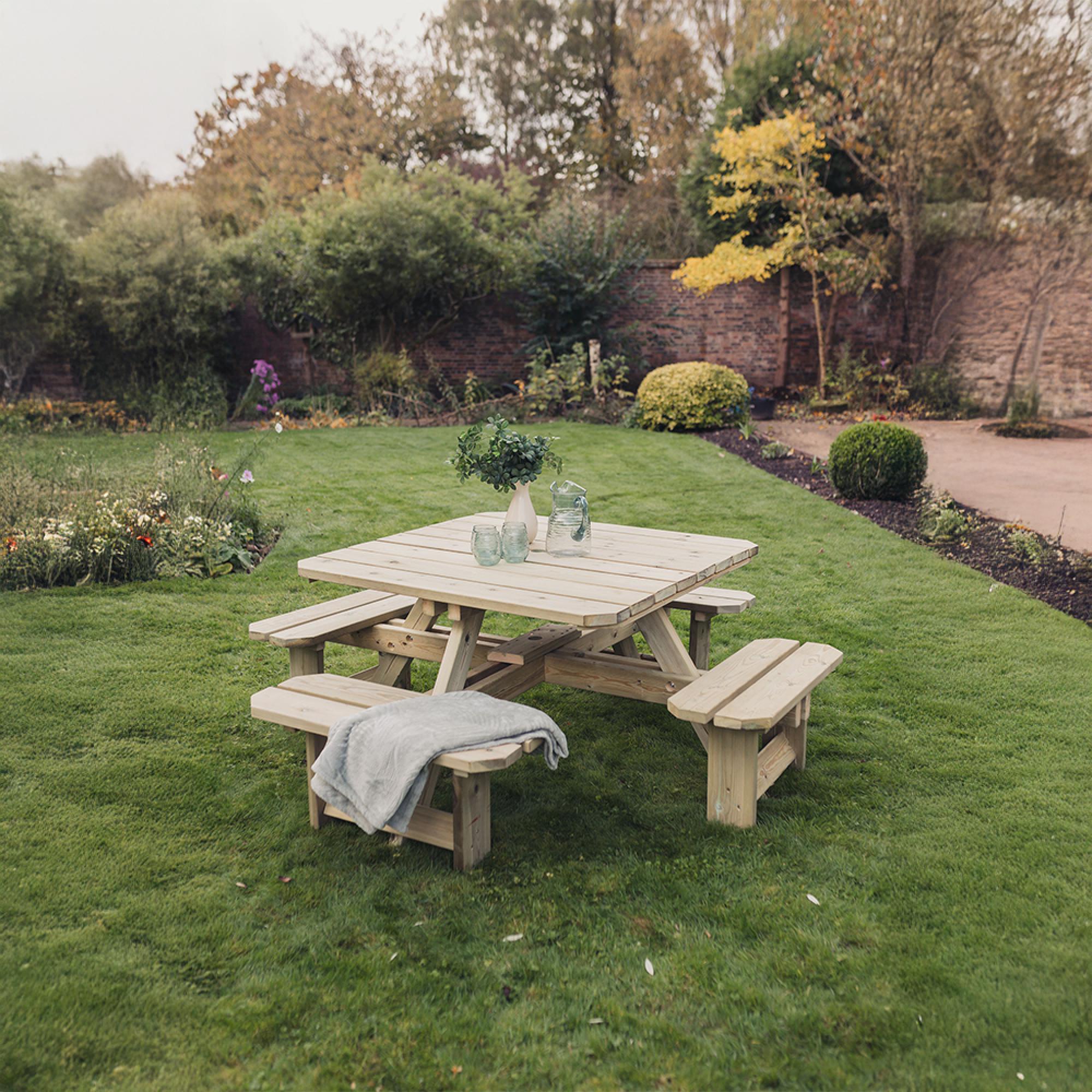Churnet Valley Westwood Square Garden Picnic Table Set with 4 Benches