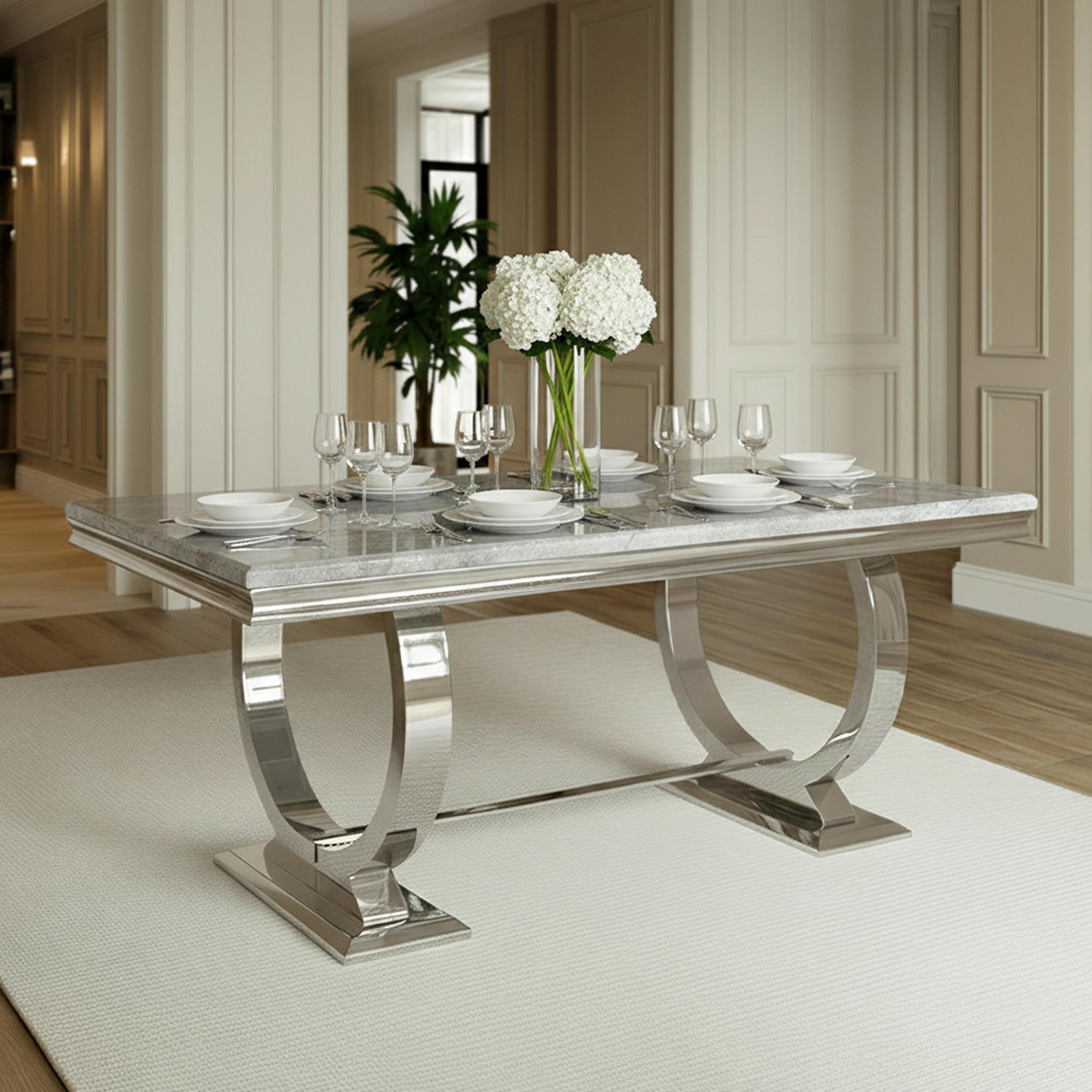 Glacier 6 Seater Grey Marble and Chrome Dining Table - Sizes Available