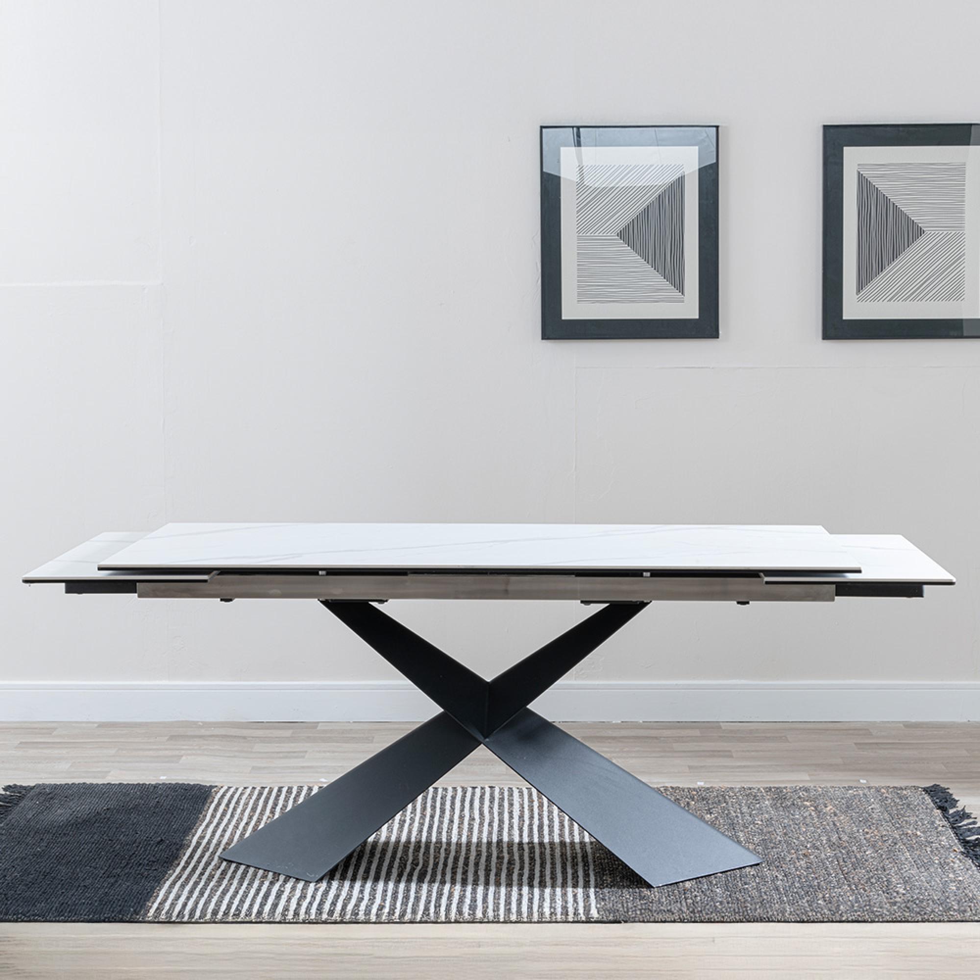 Hayden Extending Dining Table - 6-10 Seater - 160cm-240cm - White Ceramic - Black Cross Base