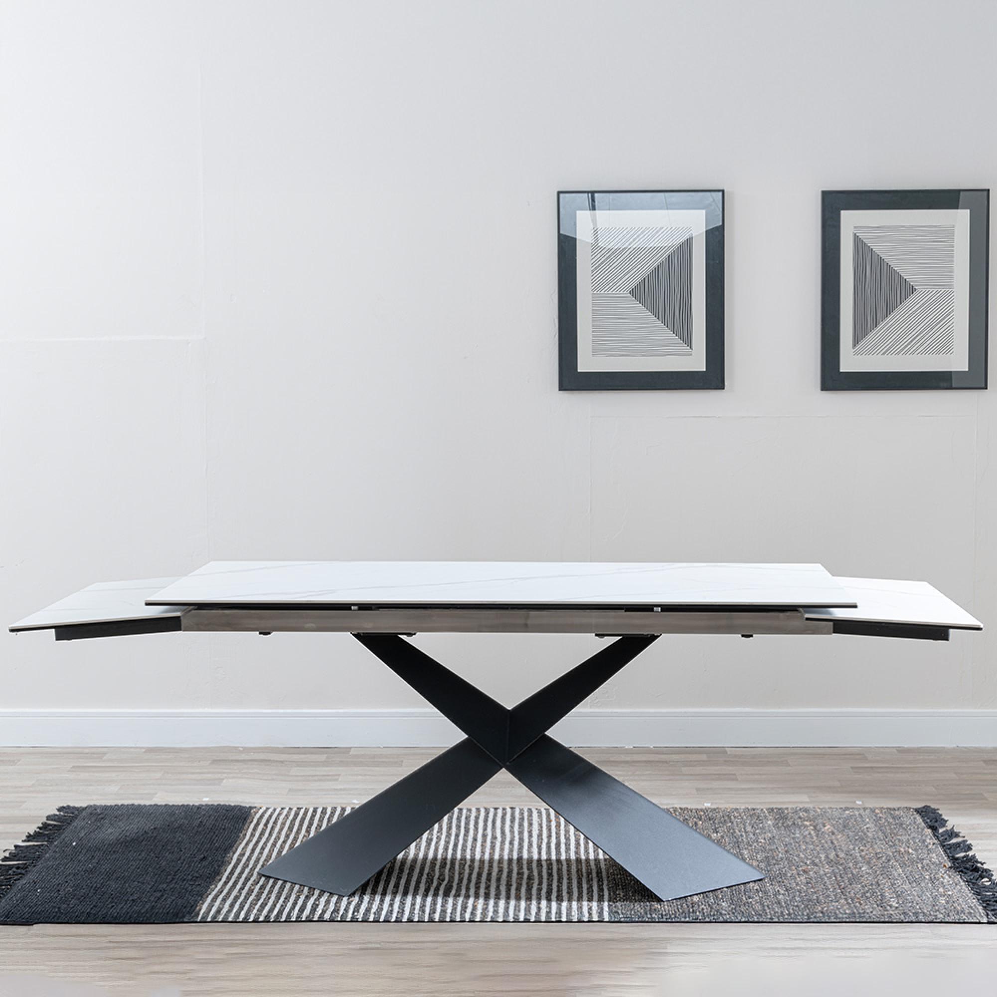 Hayden Extending Dining Table - 6-10 Seater - 160cm-240cm - White Ceramic - Black Cross Base