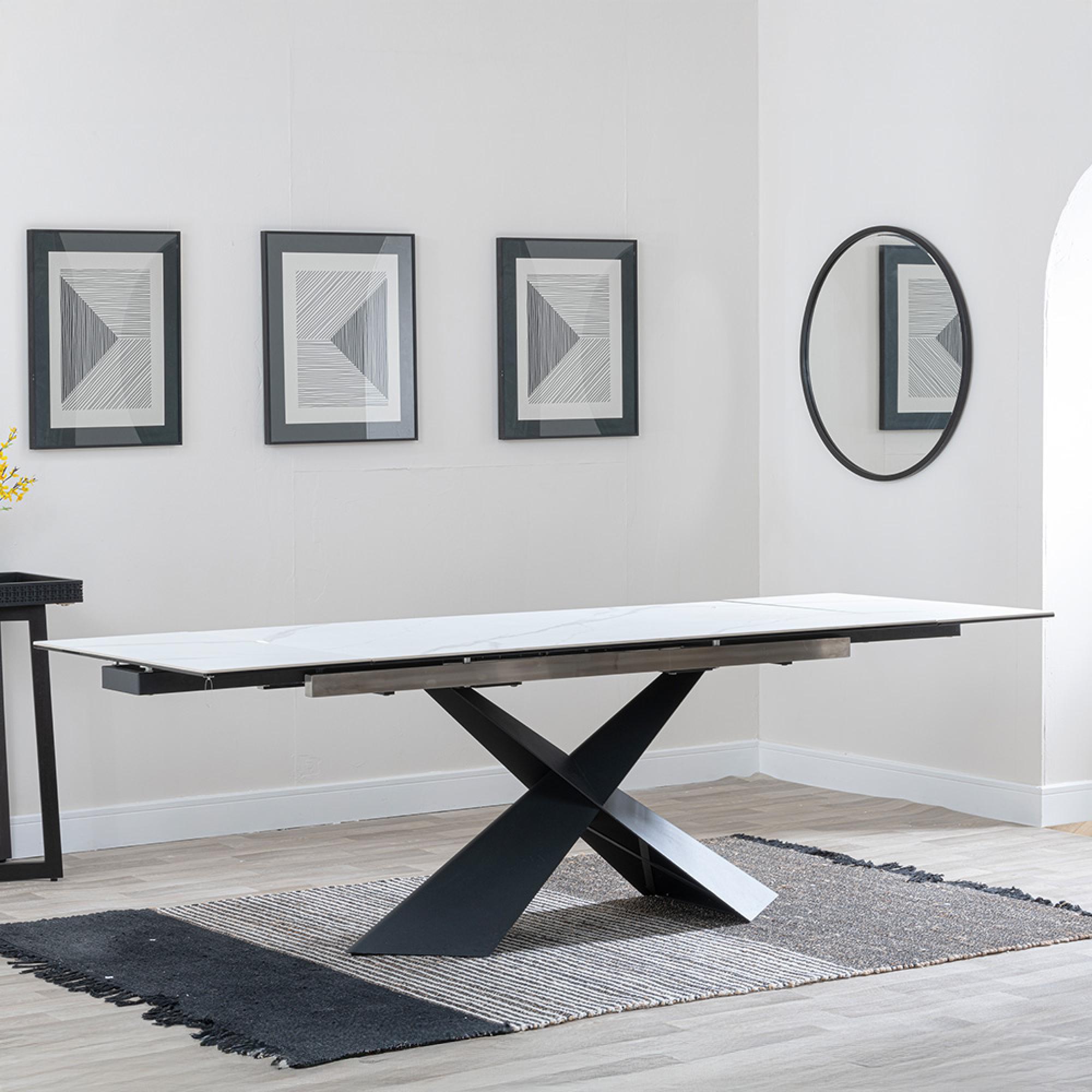 Hayden Extending Dining Table - 6-10 Seater - 160cm-240cm - White Ceramic - Black Cross Base