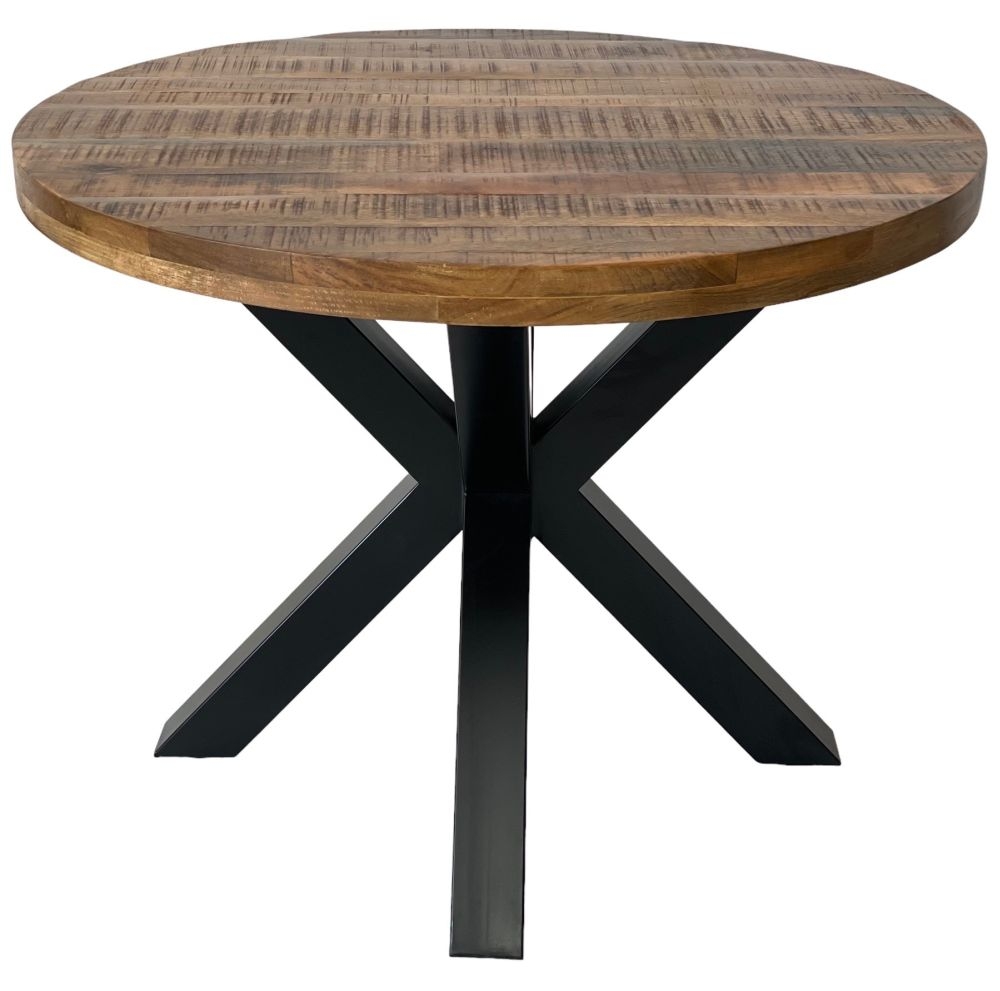 Industrial Mango Wood 6 Seater Round Dining Table with Black Star Legs
