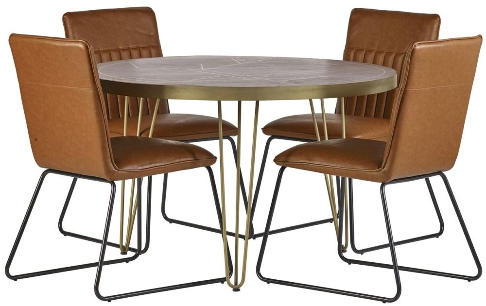 Kaza Dark Mango Wood 4 Seater Round Dining Table - Hairpin Legs with Gold Geometric Inlay