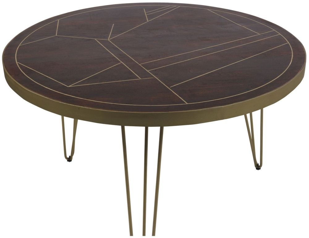 Kaza Dark Mango Wood 4 Seater Round Dining Table - Hairpin Legs with Gold Geometric Inlay