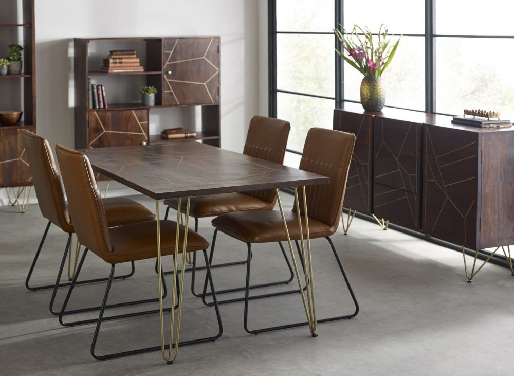 Kaza Dark Mango Wood 6 Seater Dining Table - Hairpin Legs with Gold Geometric Inlay