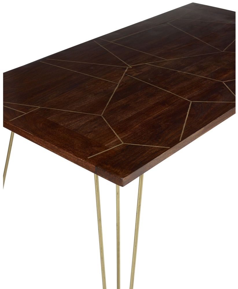 Kaza Dark Mango Wood 6 Seater Dining Table - Hairpin Legs with Gold Geometric Inlay