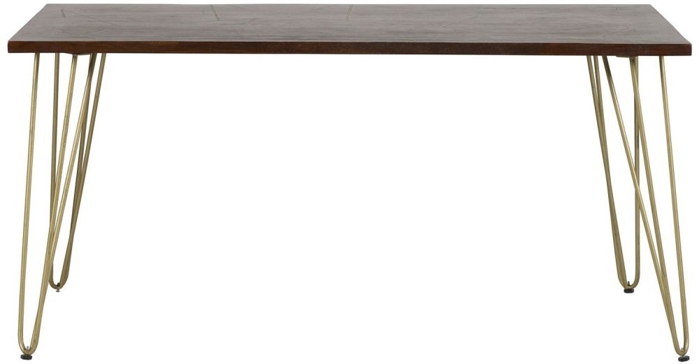 Kaza Dark Mango Wood 6 Seater Dining Table - Hairpin Legs with Gold Geometric Inlay