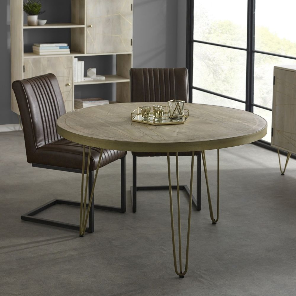 Kaza Light Mango Wood 4 Seater Round Dining Table - Hairpin Legs with Gold Geometric Inlay