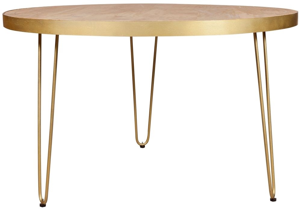 Kaza Light Mango Wood 4 Seater Round Dining Table - Hairpin Legs with Gold Geometric Inlay