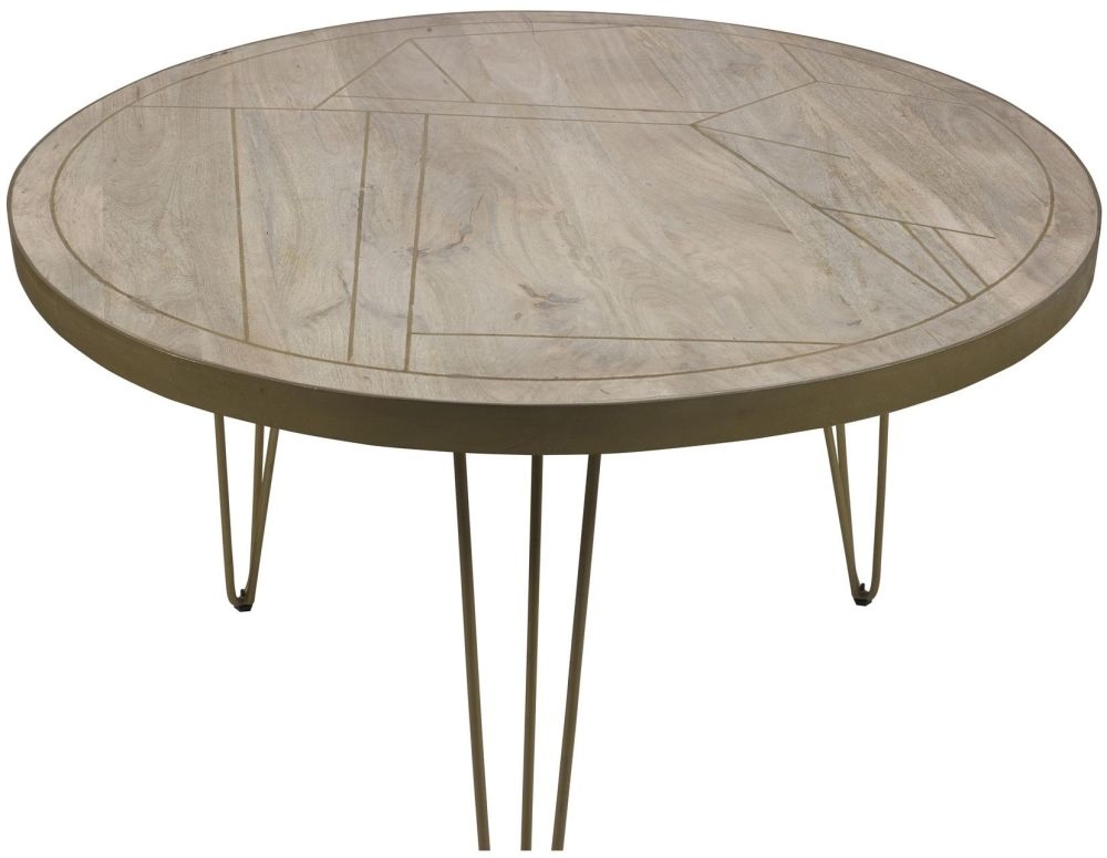 Kaza Light Mango Wood 4 Seater Round Dining Table - Hairpin Legs with Gold Geometric Inlay