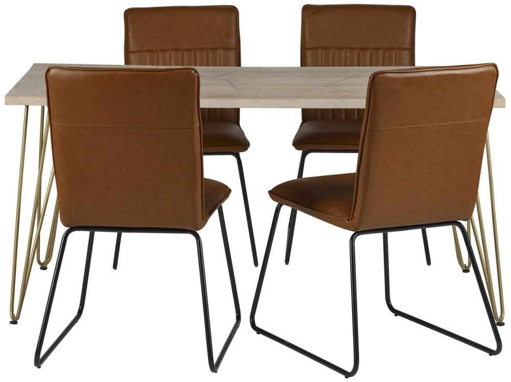 Kaza Light Mango Wood 6 Seater Dining Table - Hairpin Legs with Gold Geometric Inlay
