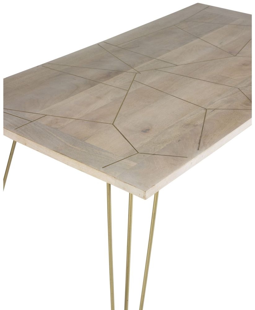 Kaza Light Mango Wood 6 Seater Dining Table - Hairpin Legs with Gold Geometric Inlay