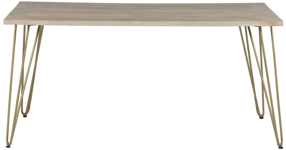 Kaza Light Mango Wood 6 Seater Dining Table - Hairpin Legs with Gold Geometric Inlay