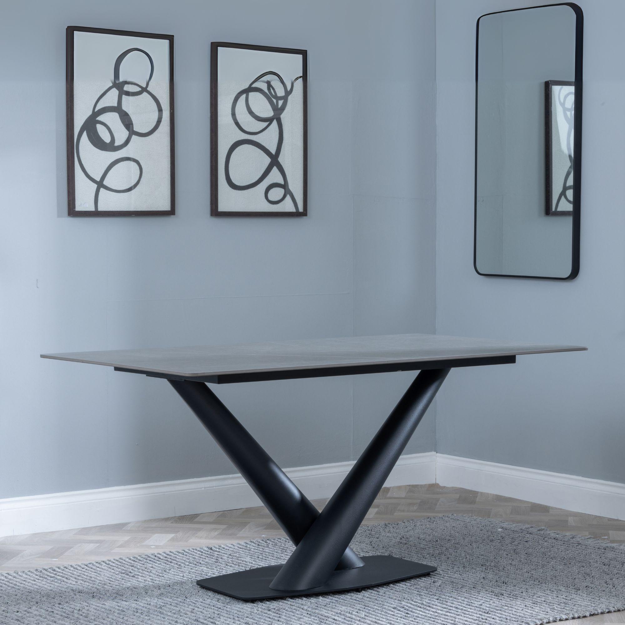 Maldon Dining Table - 6 Seater - 160cm - Grey Ceramic - Black V Base