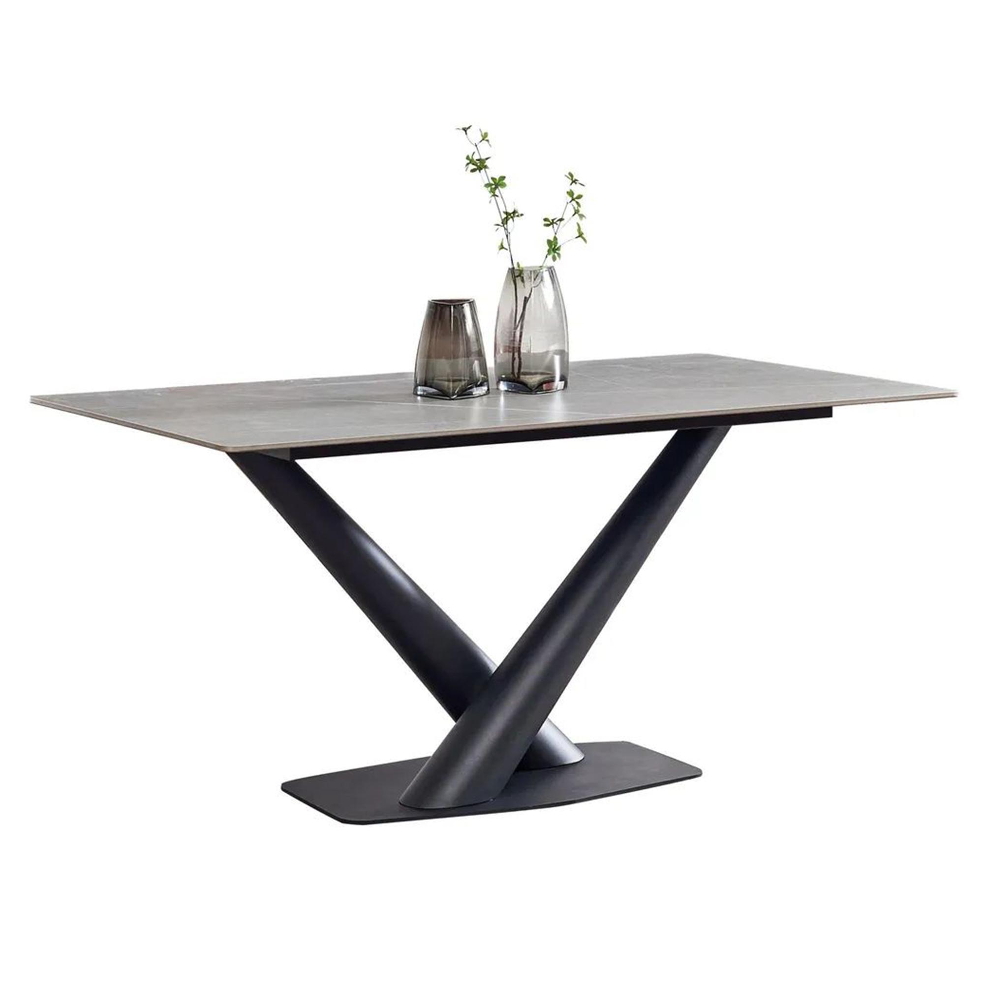 Maldon Dining Table - 6 Seater - 160cm - Grey Ceramic - Black V Base