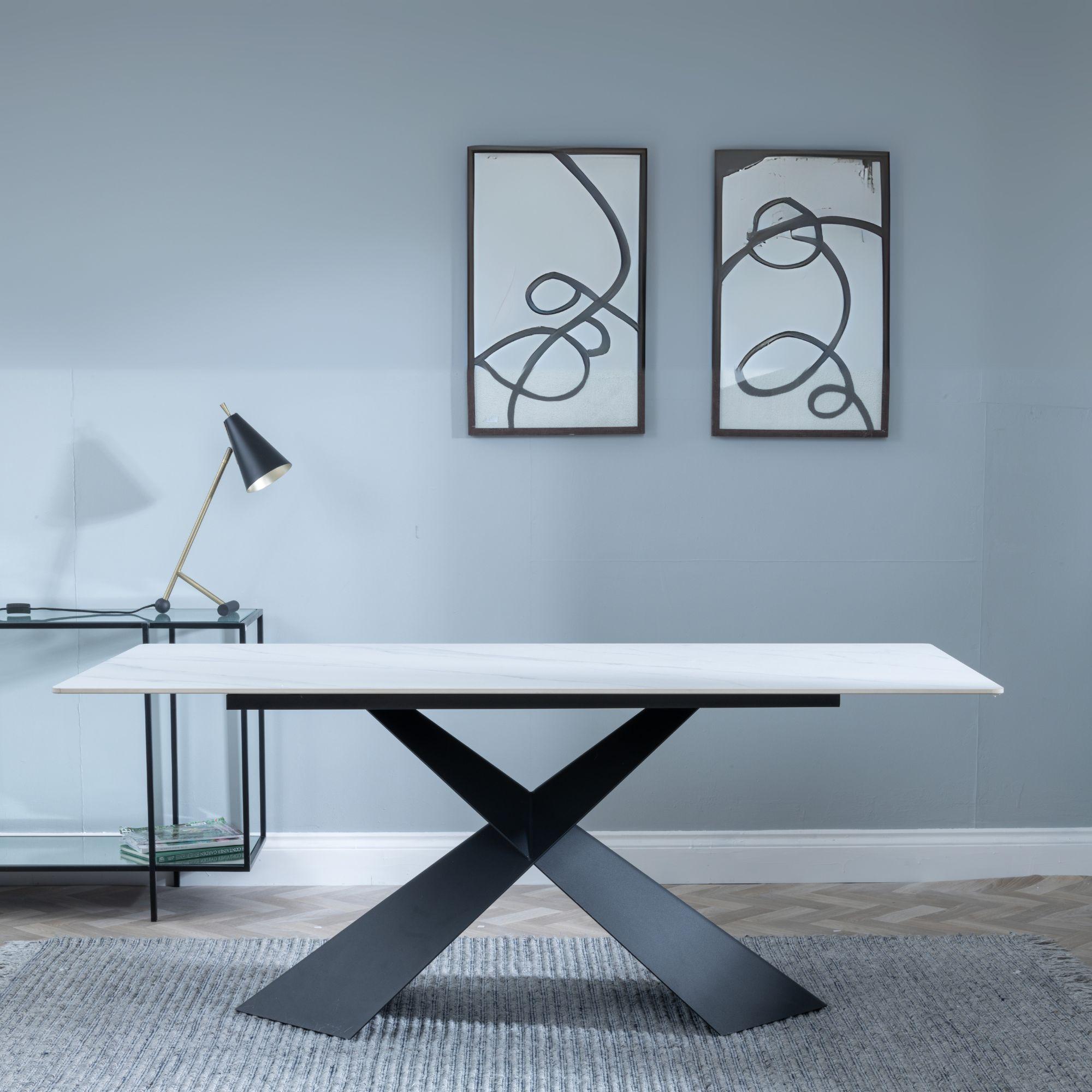 Merlin Dining Table - 6 Seater - 180cm - White Ceramic - Black Cross Base