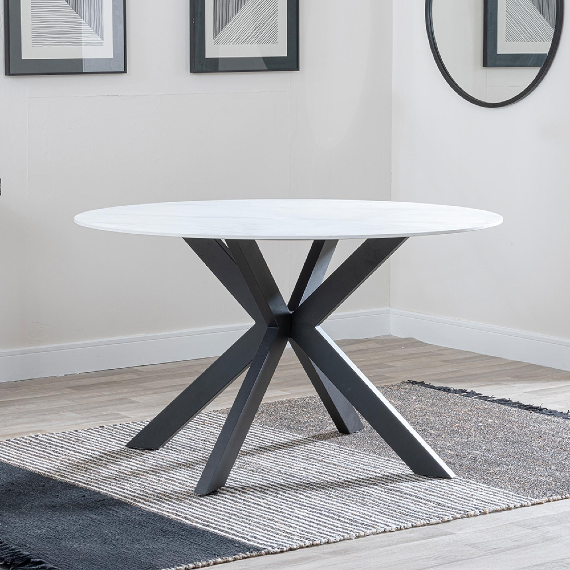 Novara Round Dining Table - 4 Seater - 130cm - White Ceramic - Black Star Base