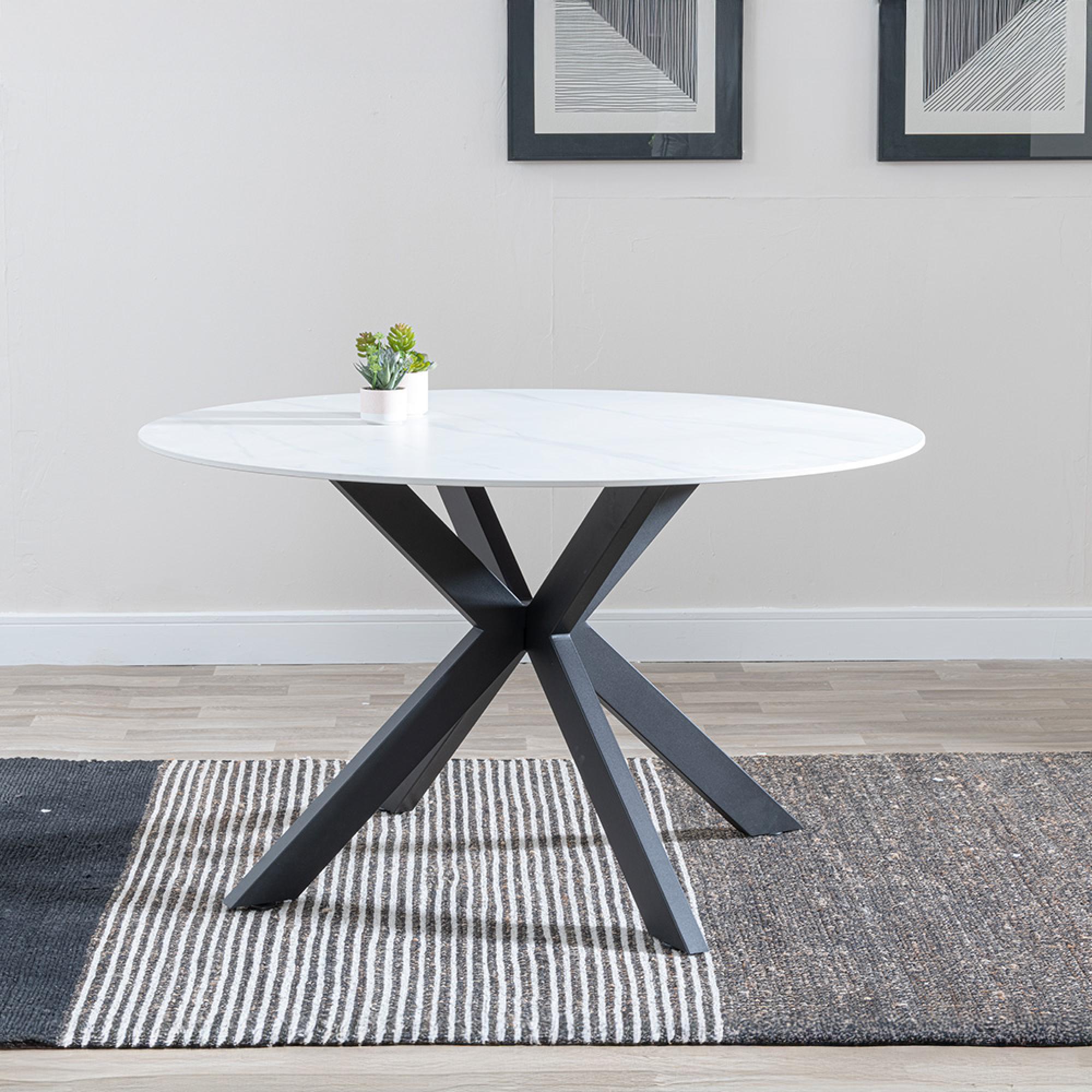 Novara Round Dining Table - 4 Seater - 130cm - White Ceramic - Black Star Base
