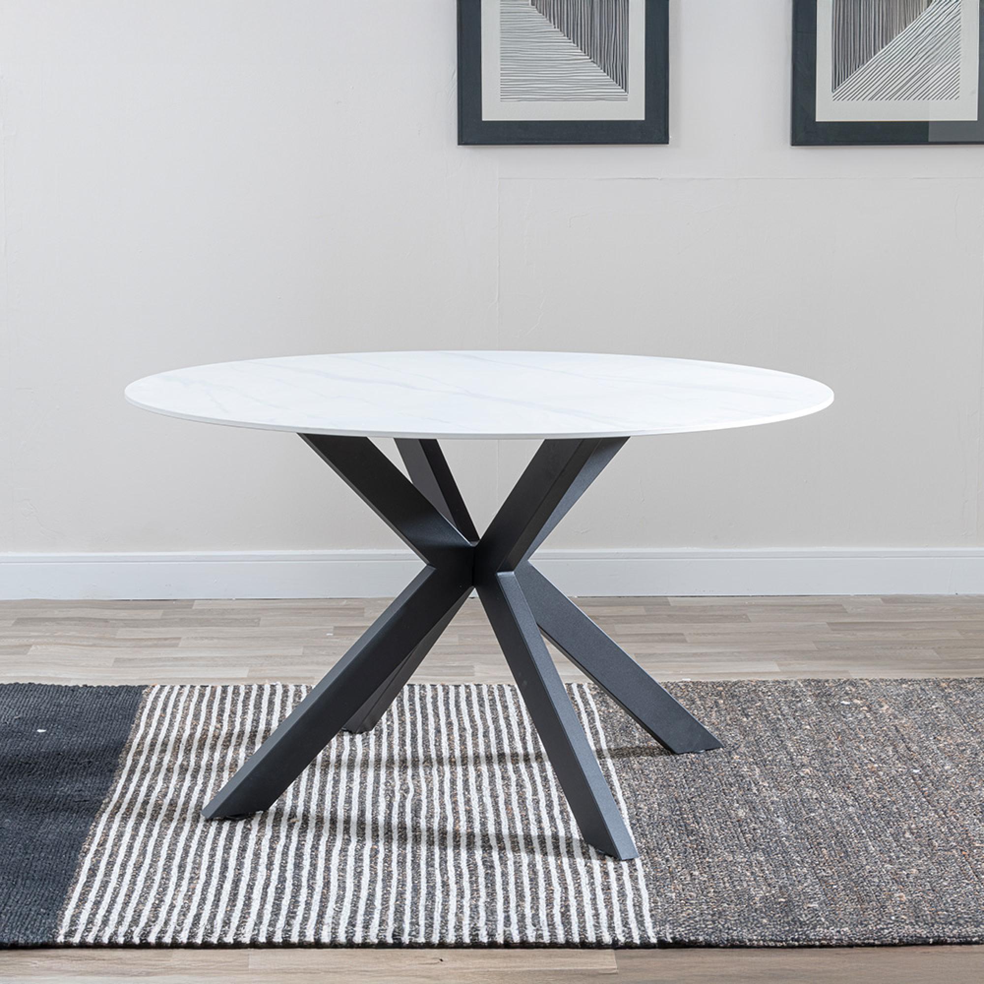 Novara Round Dining Table - 4 Seater - 130cm - White Ceramic - Black Star Base