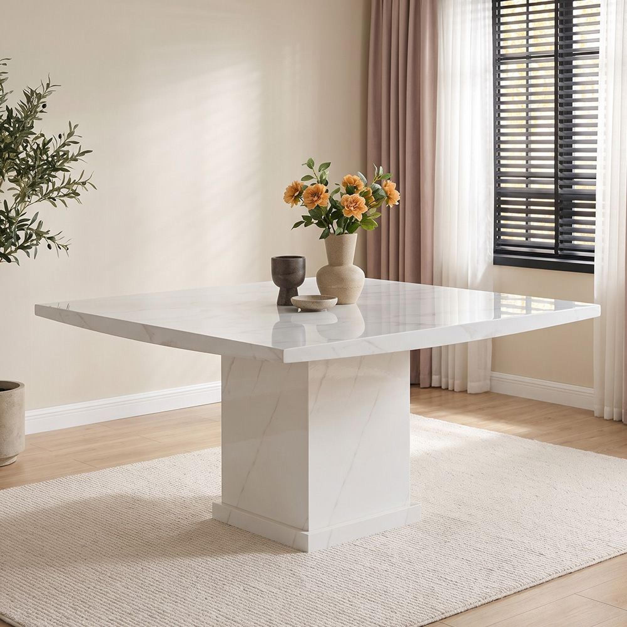 Turin White Marble 8 Seater 140cm Square Dining Table