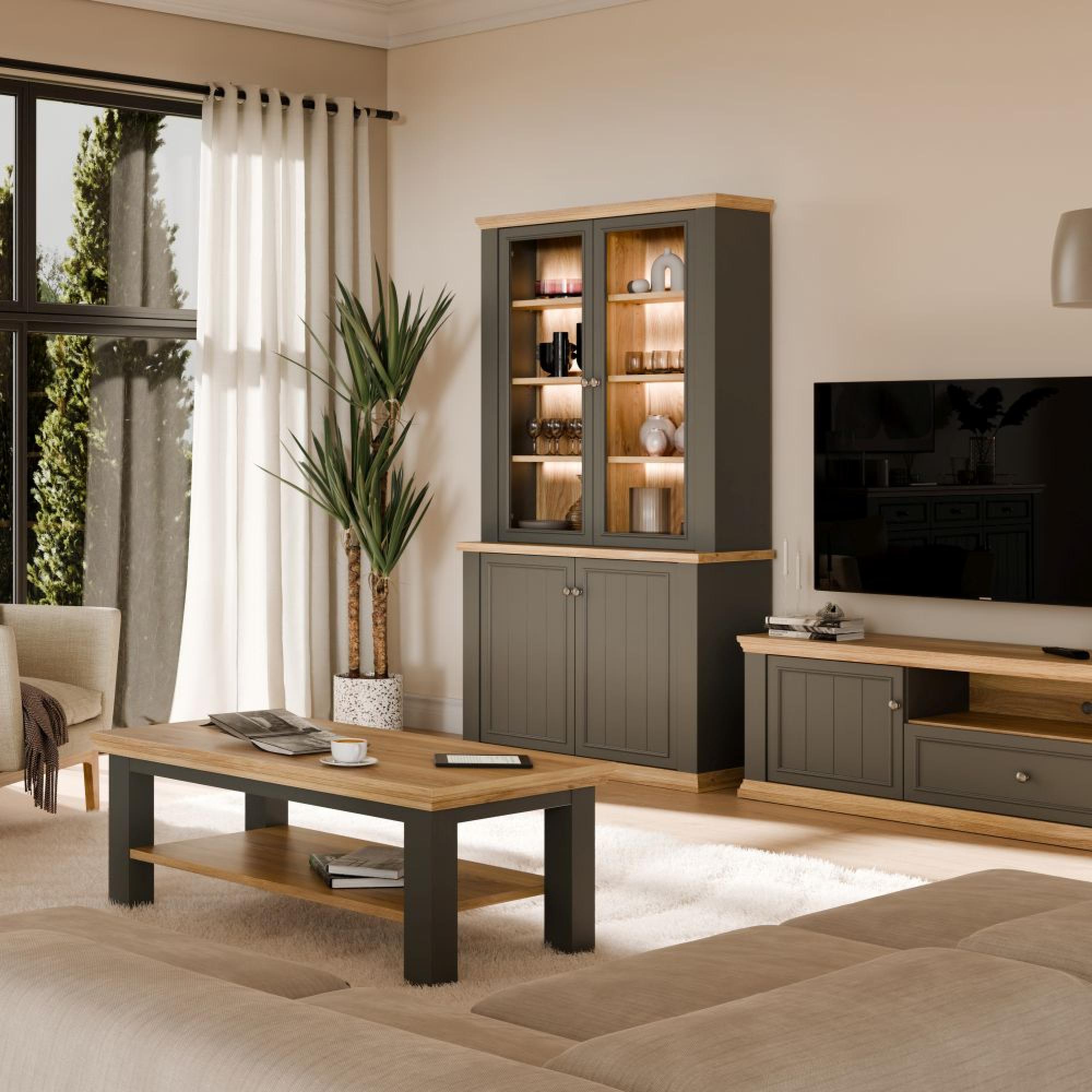 Pontypool Display Cabinet - 2 Door - Dark Grey and Light Oak