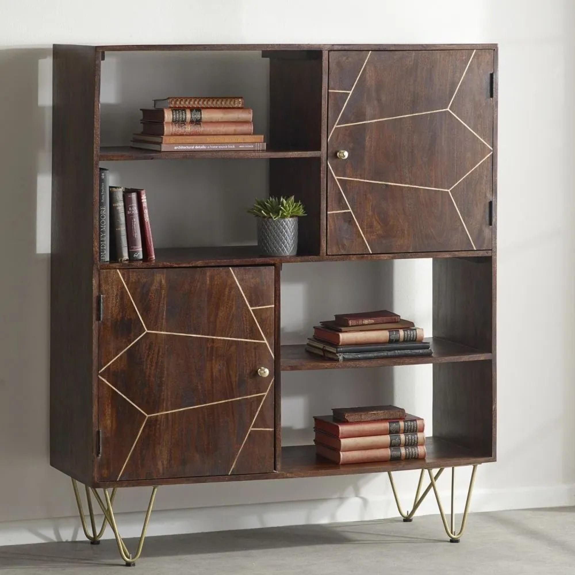 Display Cabinet - 2 Door - Hairpin Legs - Gold Geometric Inlay - Dark Mango Wood