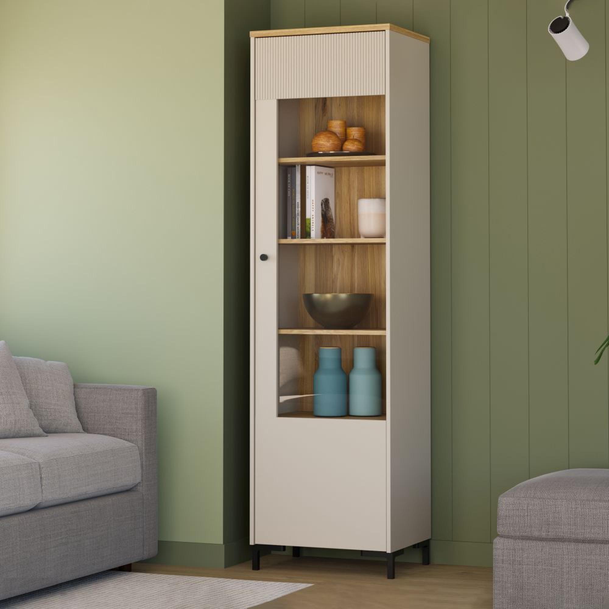 Bixbite Display Cabinet - 1 Door - Tall - Fluted - Light Oak and Sand