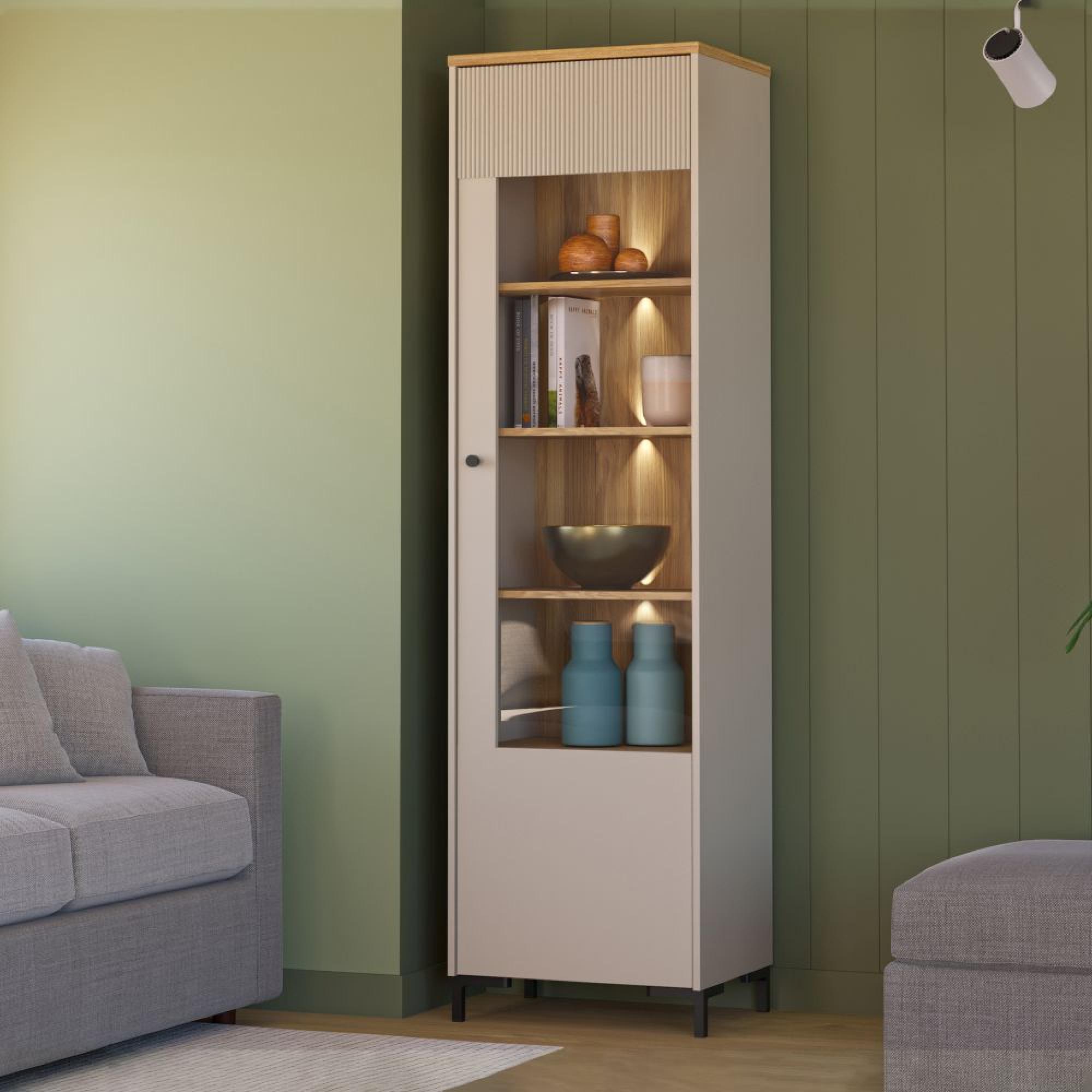 Bixbite Display Cabinet - 1 Door - Tall - Fluted - Light Oak and Sand