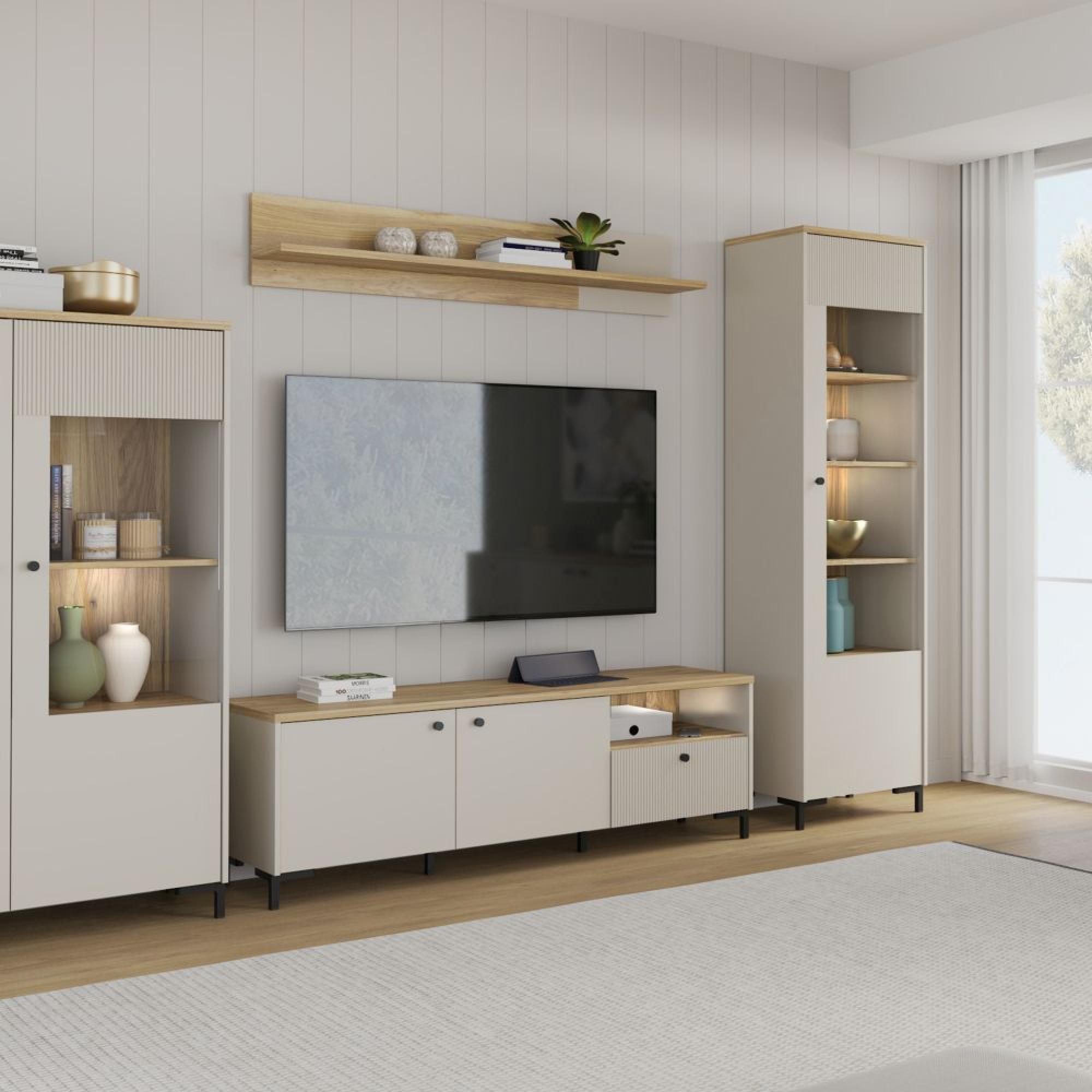 Bixbite Display Cabinet - 1 Door - Tall - Fluted - Light Oak and Sand