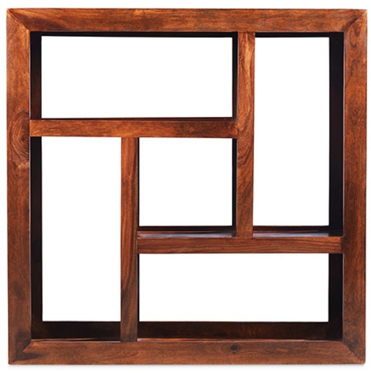 Cube Honey Lacquered Sheesham Geometric Open Display Unit, 2 Shelves Shelving Unit