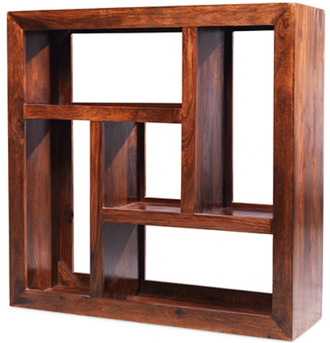 Cube Honey Lacquered Sheesham Geometric Open Display Unit, 2 Shelves Shelving Unit